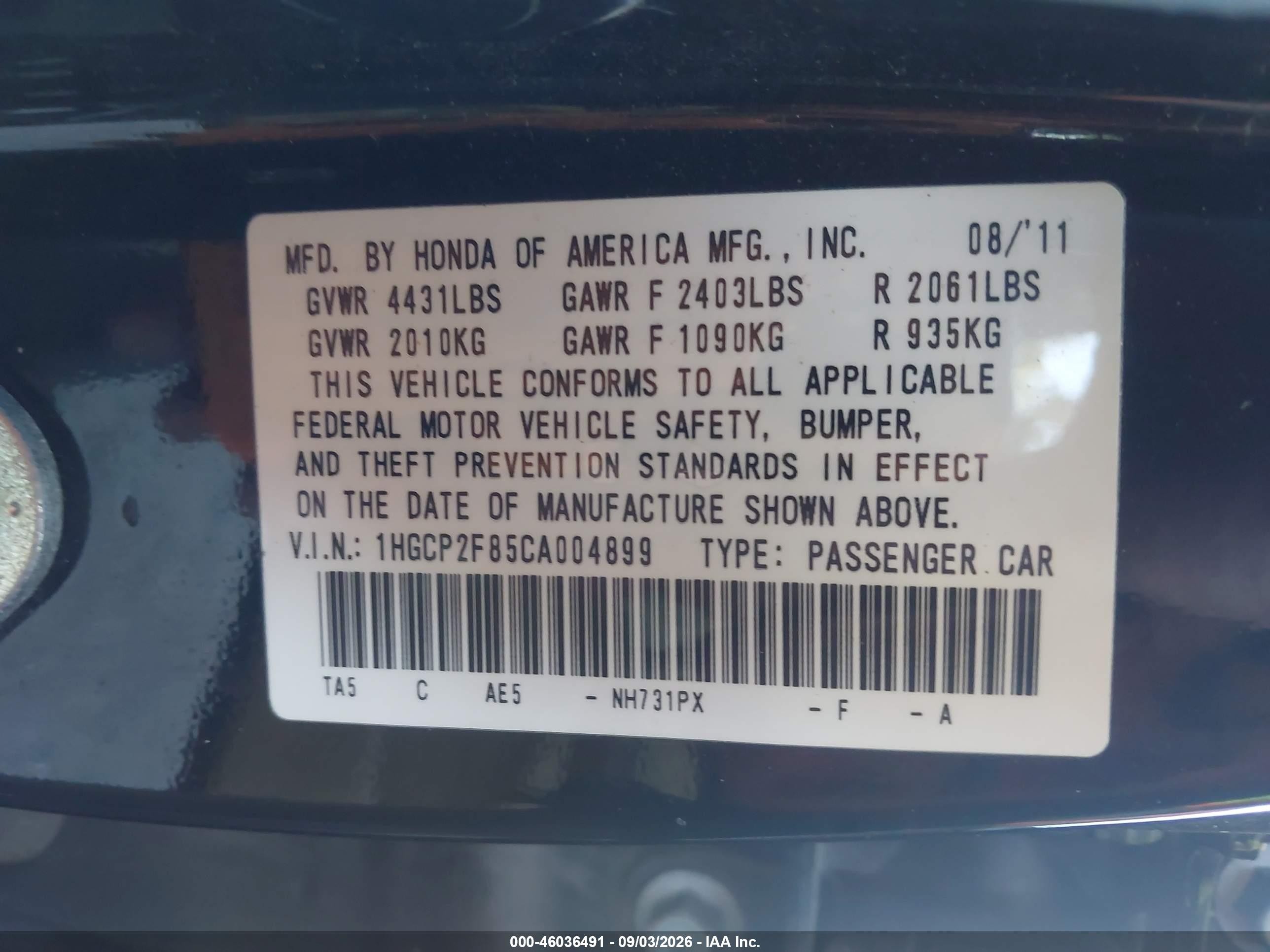 2012 Honda Accord 2.4 Ex-l Black vin: 1HGCP2F85CA004899
