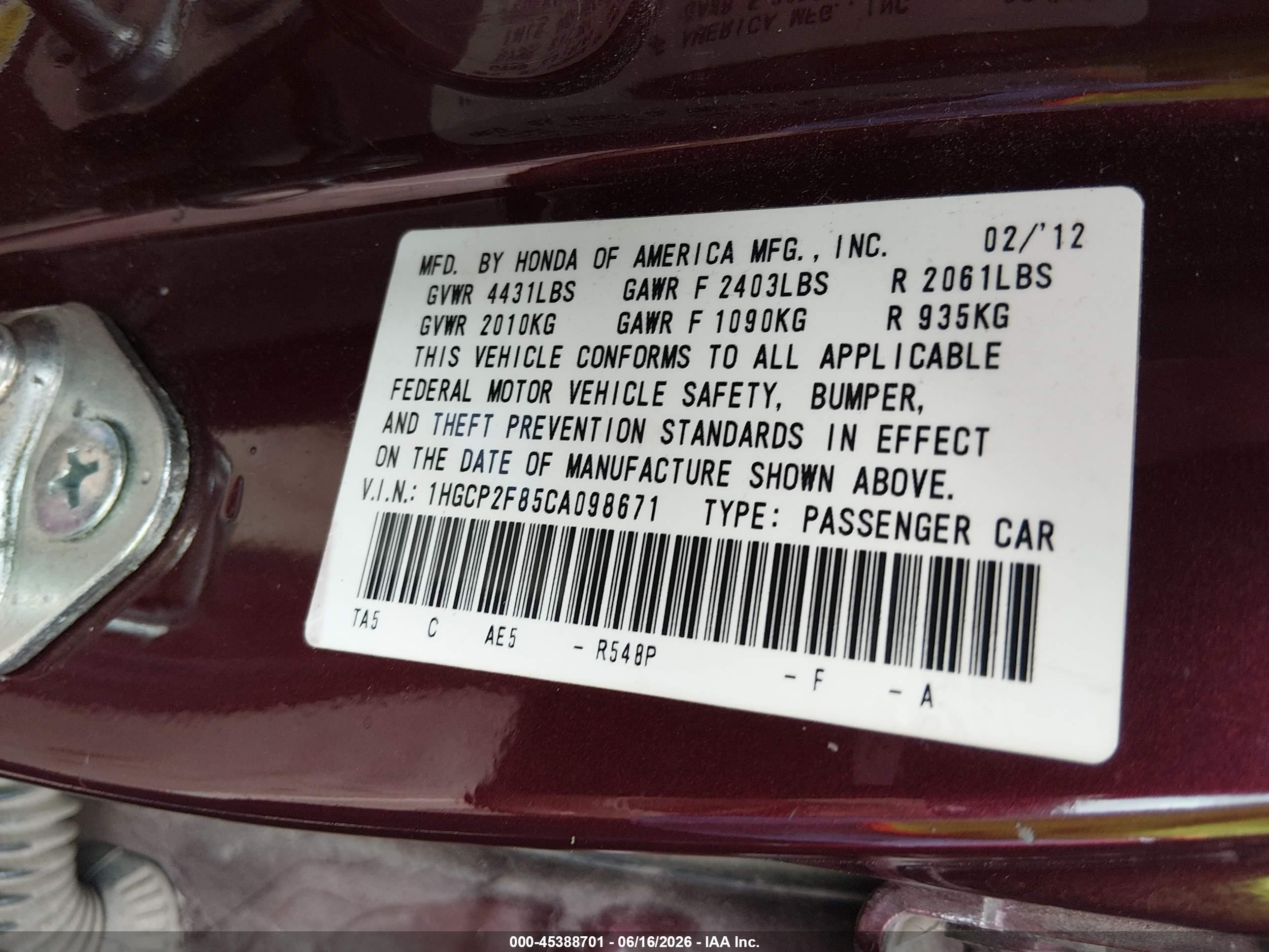 2012 Honda Accord 2.4 Ex-l Maroon vin: 1HGCP2F85CA098671