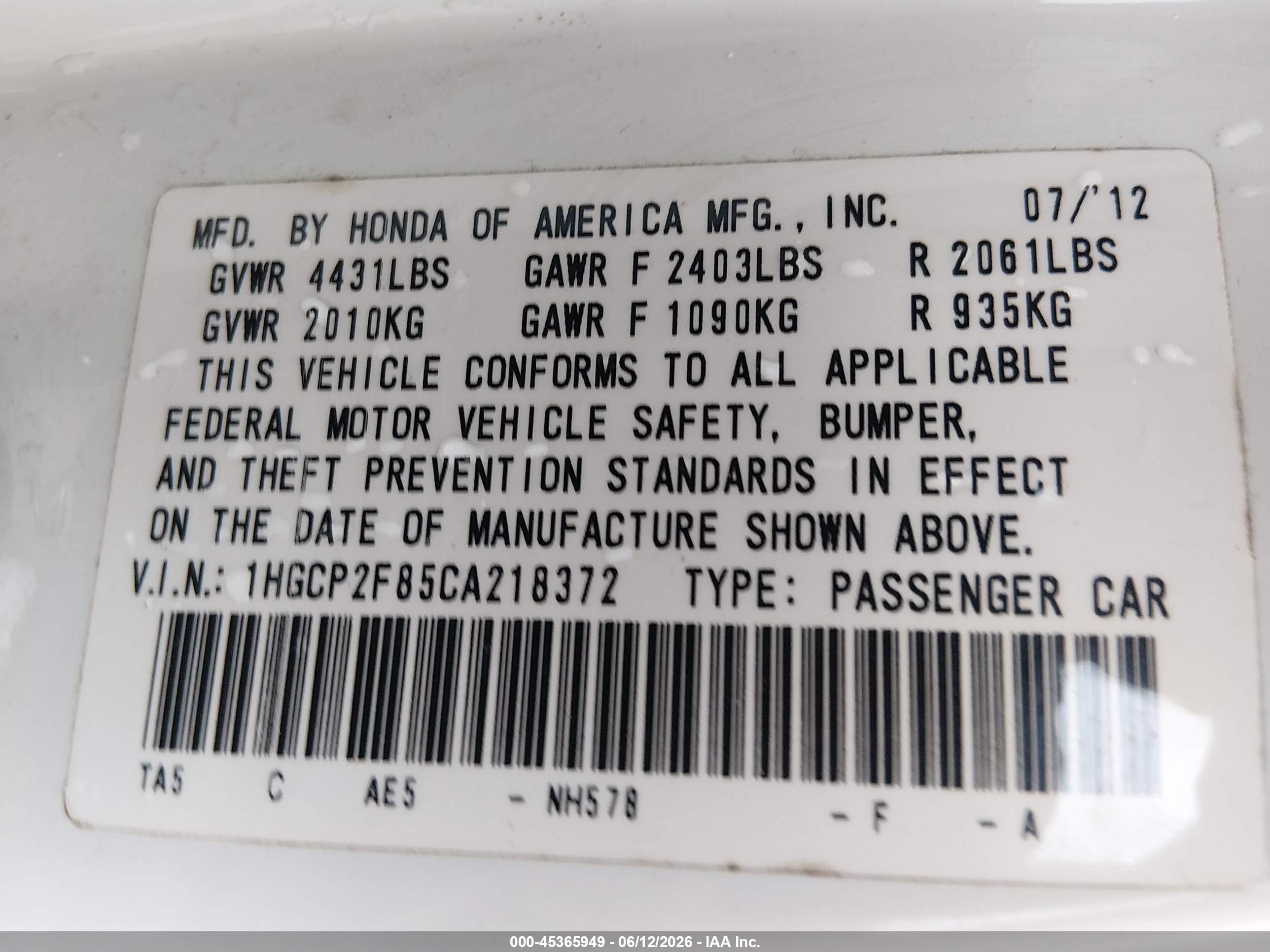 2012 Honda Accord 2.4 Ex-l White vin: 1HGCP2F85CA218372
