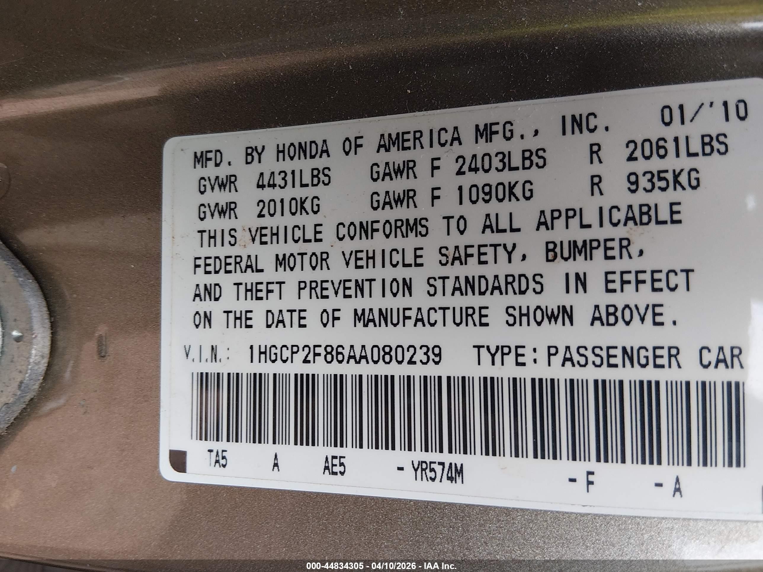 2010 Honda Accord 2.4 Ex-l Beige vin: 1HGCP2F86AA080239