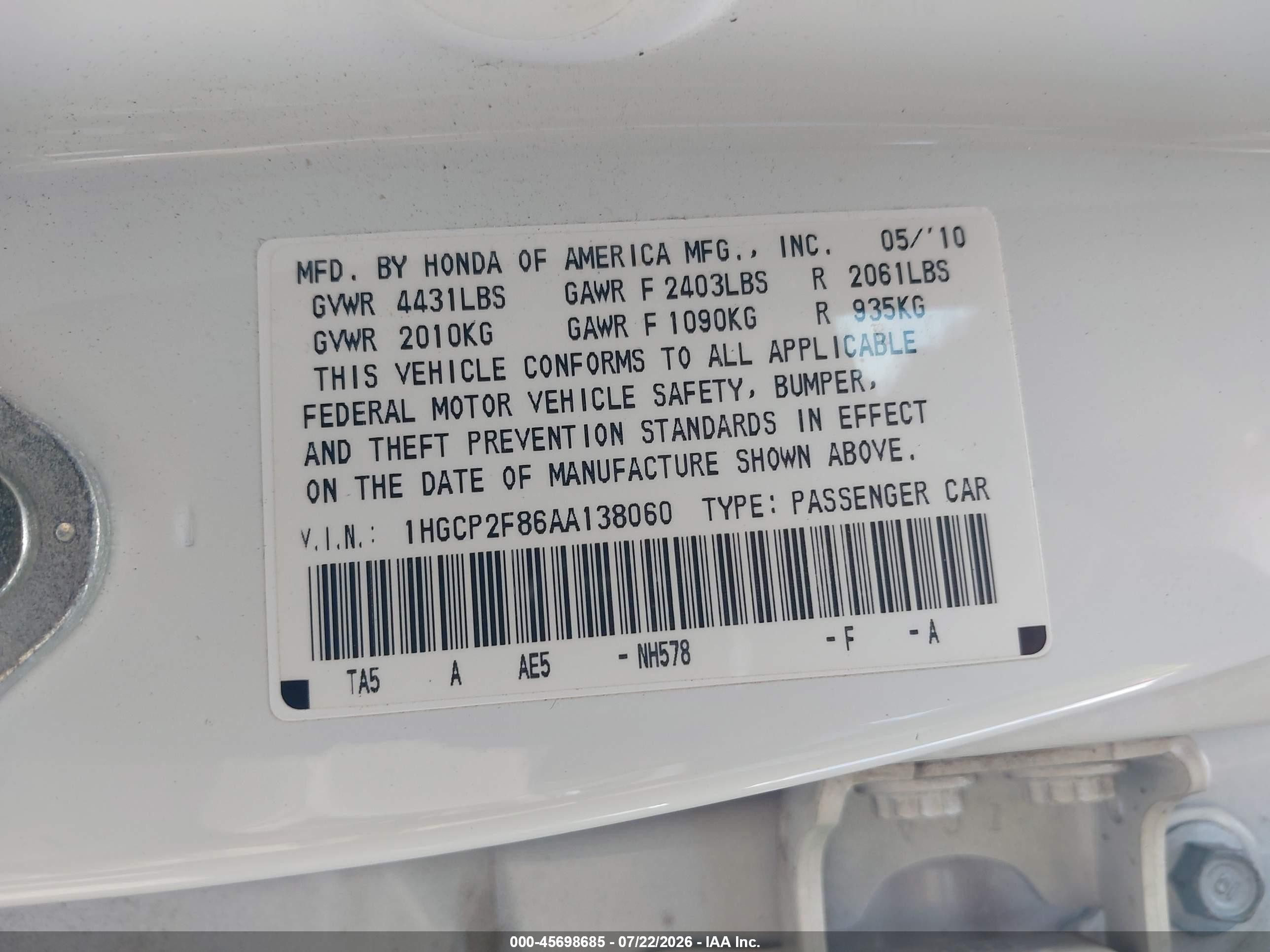 2010 Honda Accord 2.4 Ex-l Белый vin: 1HGCP2F86AA138060