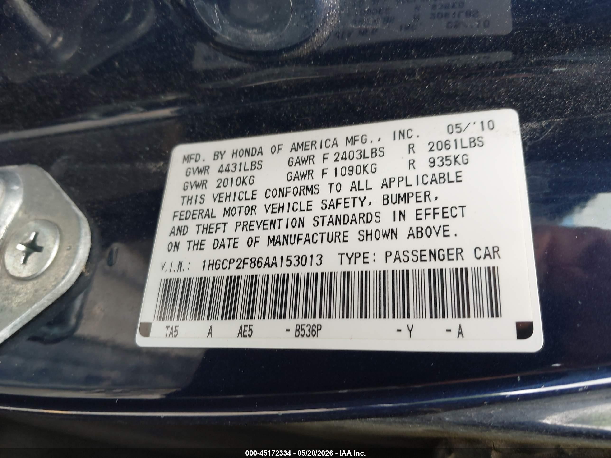 2010 Honda Accord 2.4 Ex-l Blue vin: 1HGCP2F86AA153013