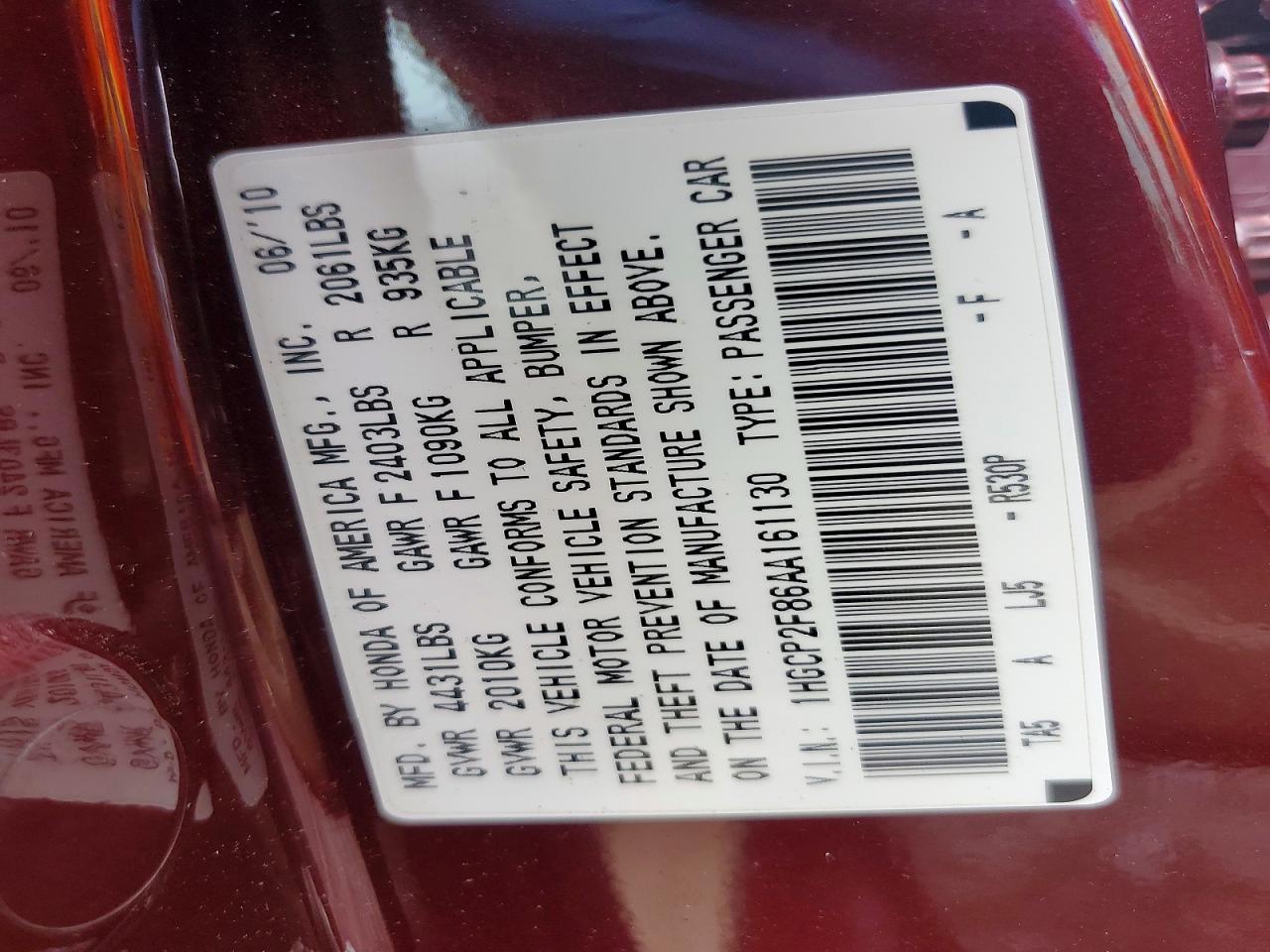 2010 Honda Accord Exl Burgundy vin: 1HGCP2F86AA161130