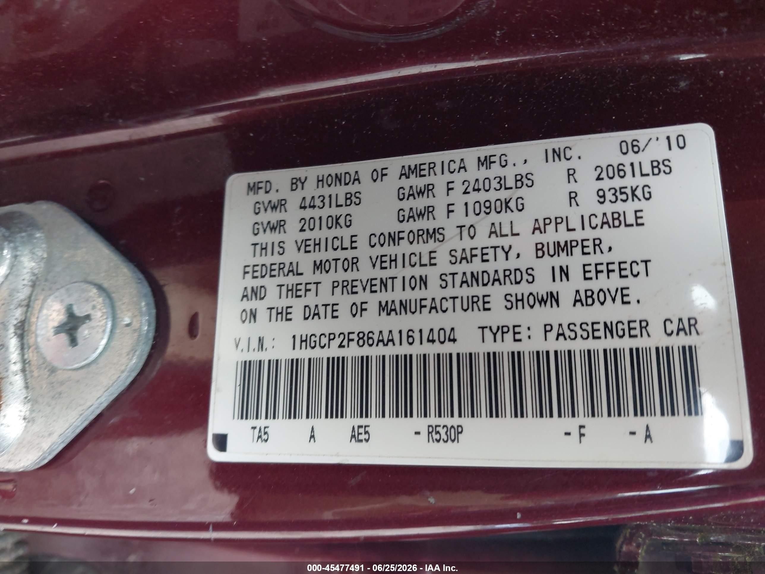 2010 Honda Accord 2.4 Ex-l Maroon vin: 1HGCP2F86AA161404