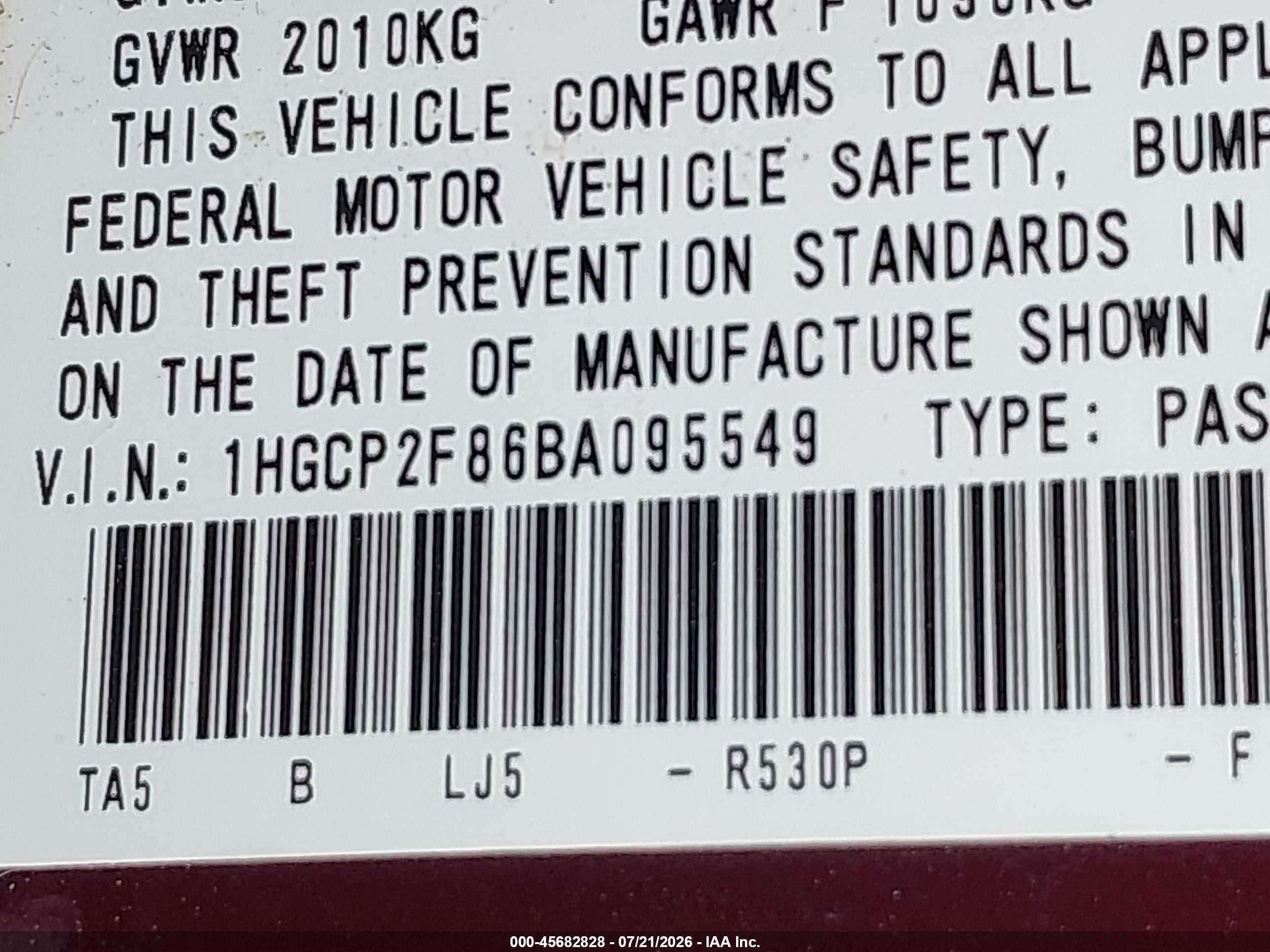 2011 Honda Accord 2.4 Ex-l Burgundy vin: 1HGCP2F86BA095549