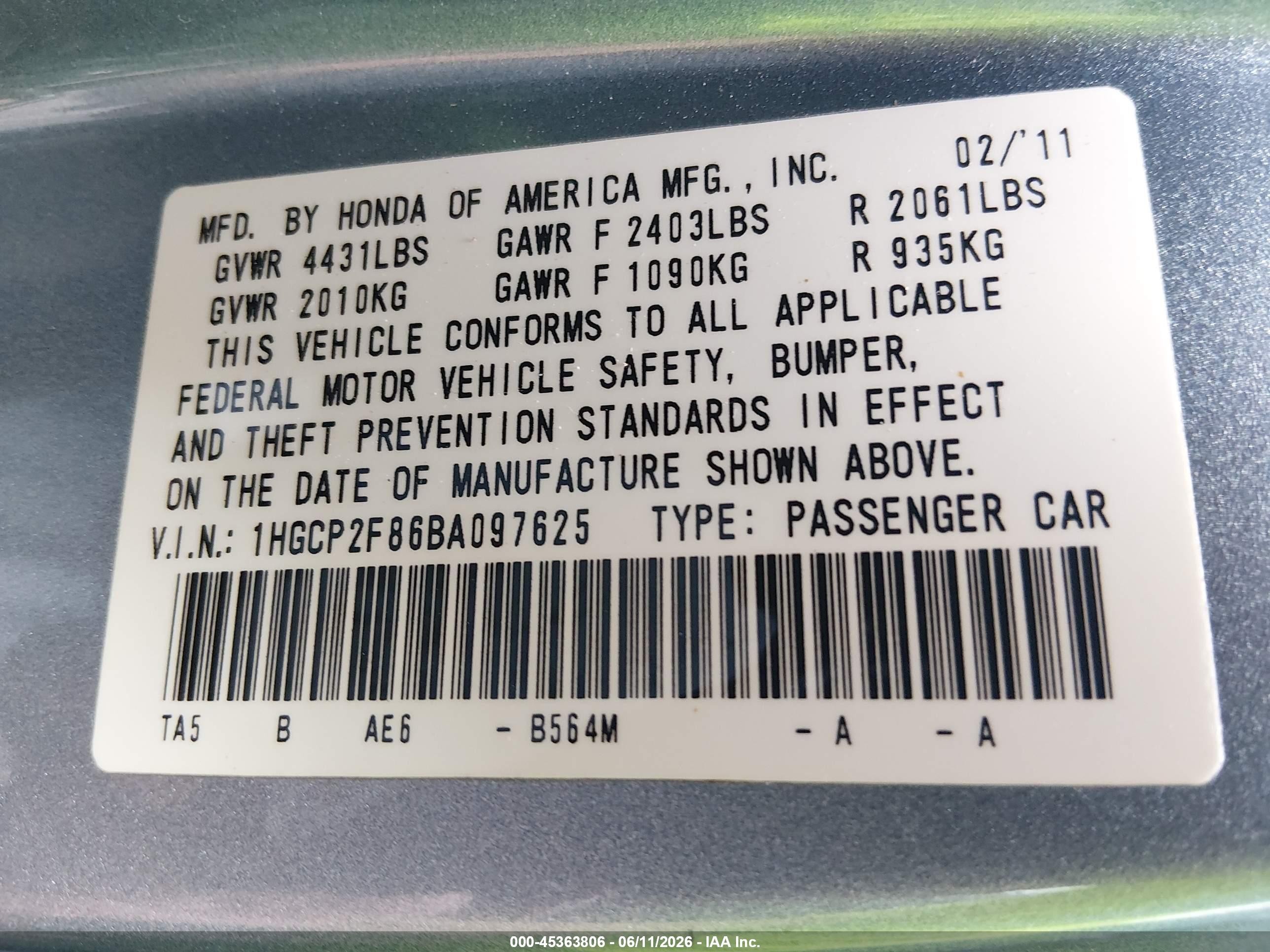 2011 Honda Accord 2.4 Ex-l Light Blue vin: 1HGCP2F86BA097625