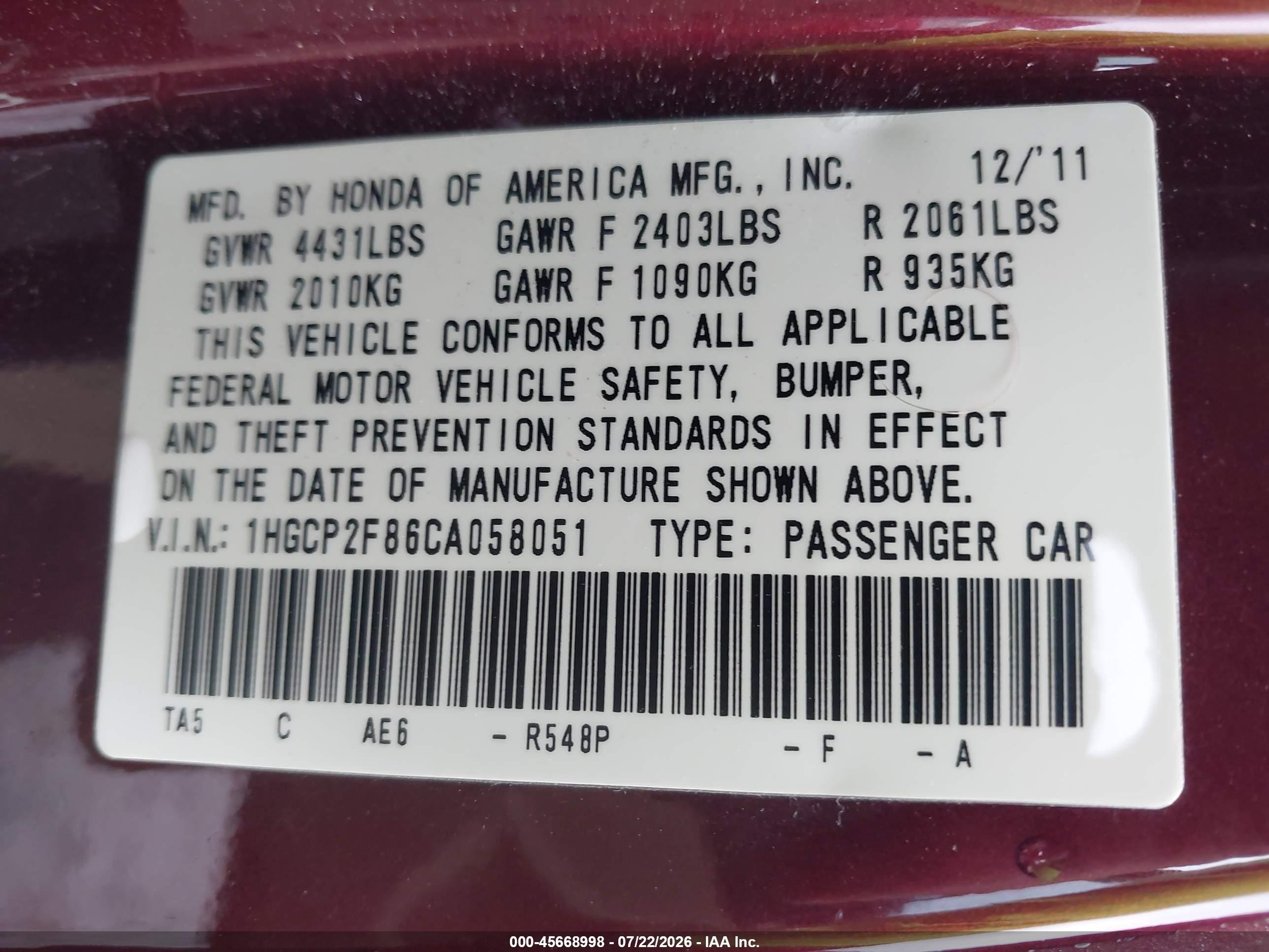 2012 Honda Accord 2.4 Ex-l Burgundy vin: 1HGCP2F86CA058051