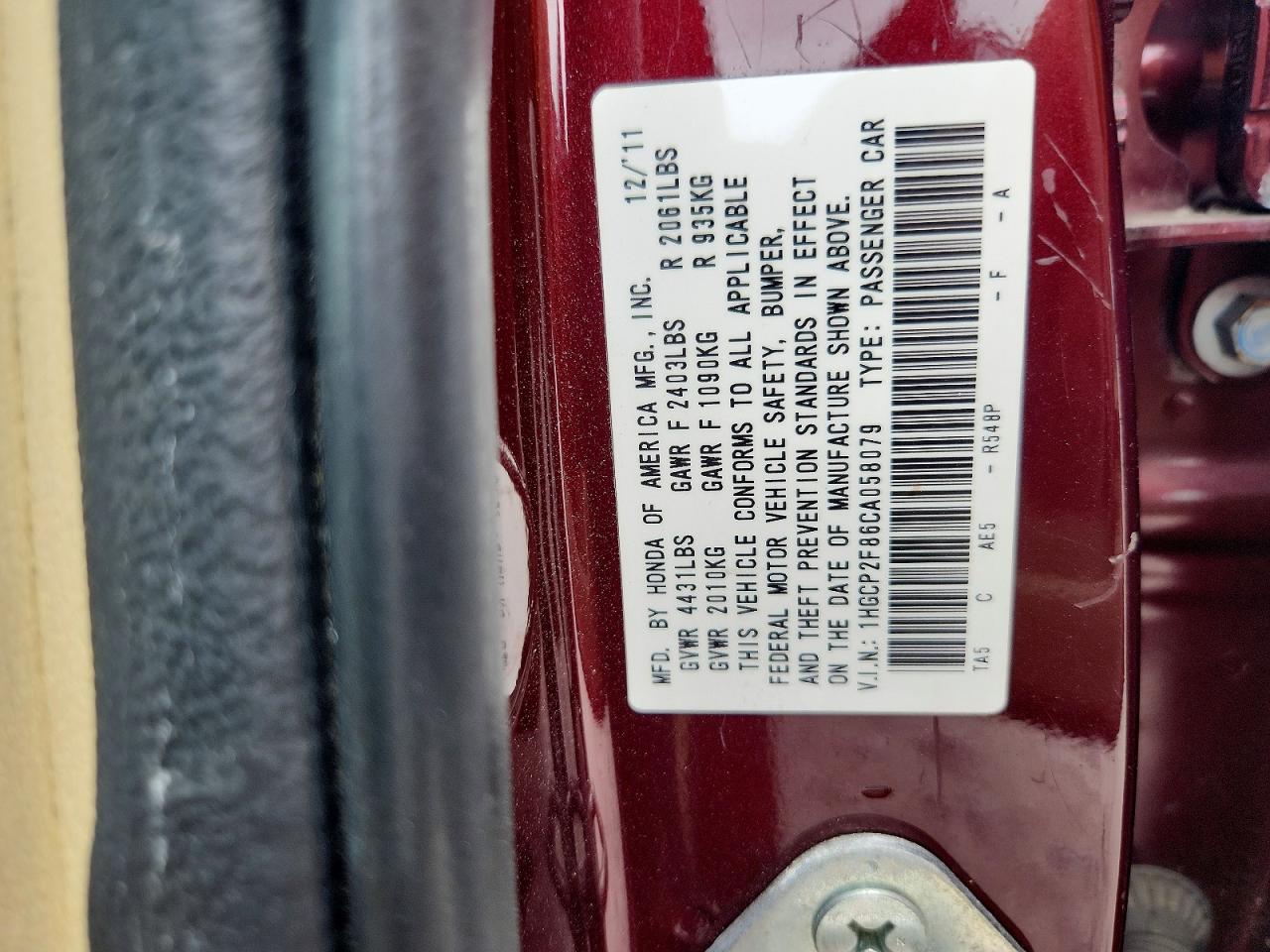 2012 Honda Accord Exl Темно-бордовый vin: 1HGCP2F86CA058079