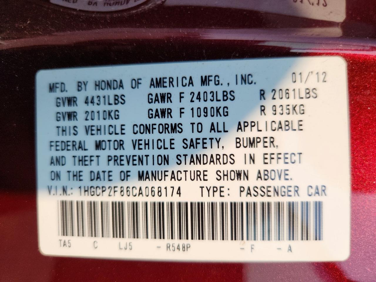 2012 Honda Accord Exl Burgundy vin: 1HGCP2F86CA068174