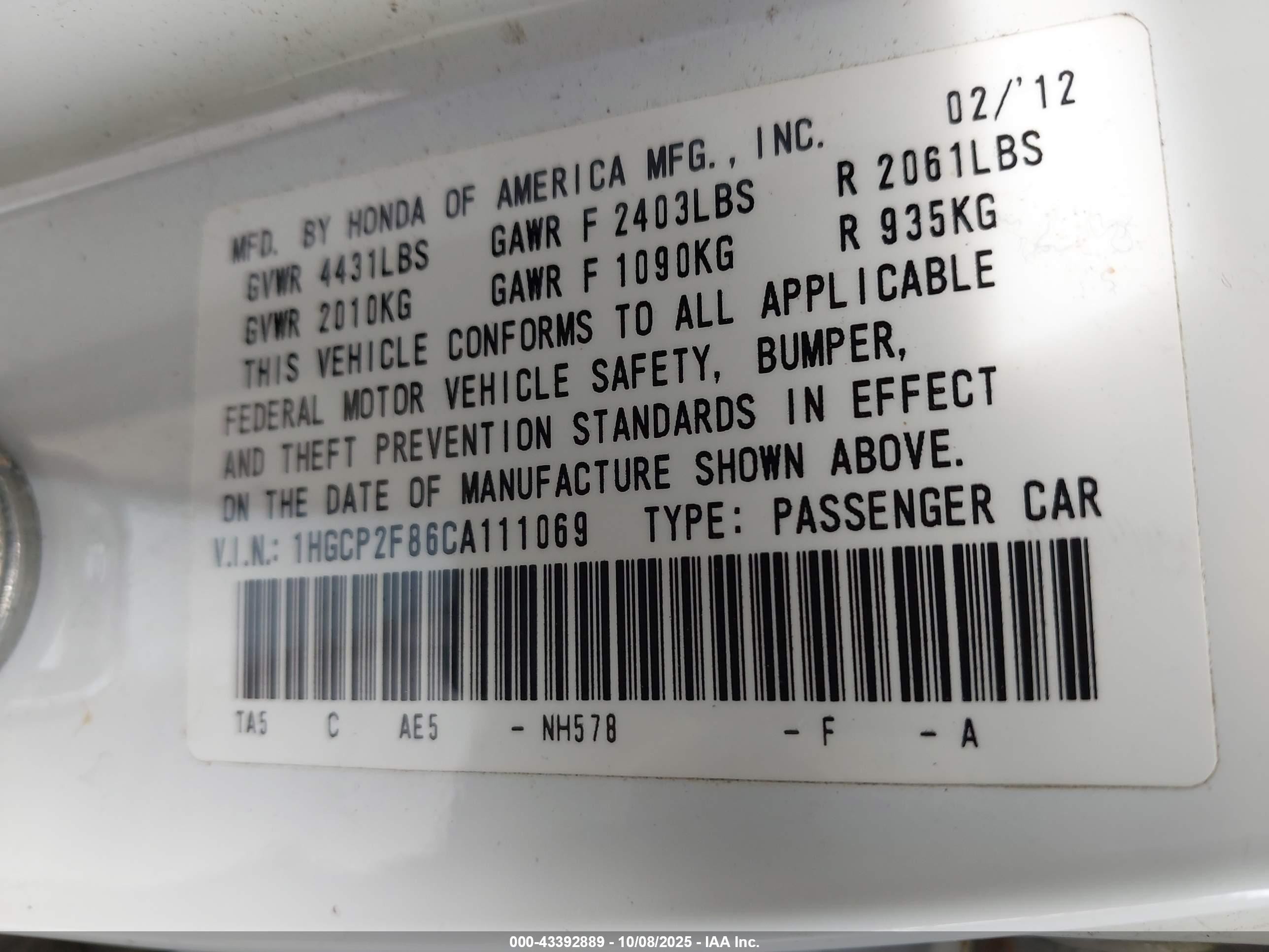 2012 Honda Accord Sdn 2.4 Ex-l/ex-l White vin: 1HGCP2F86CA111069