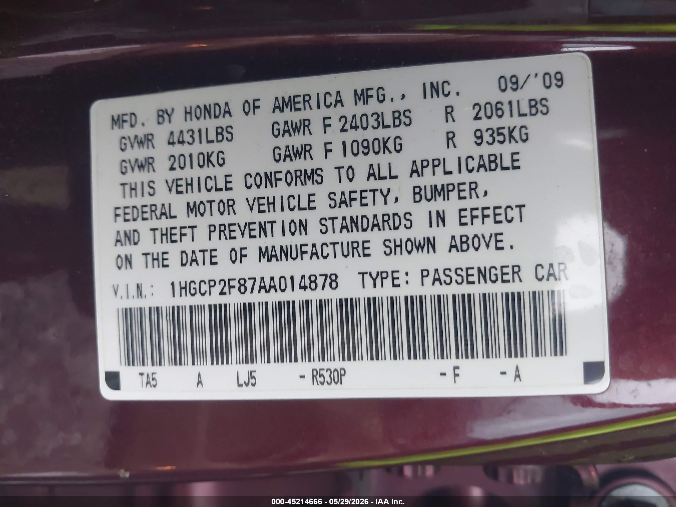 2010 Honda Accord 2.4 Ex-l Maroon vin: 1HGCP2F87AA014878