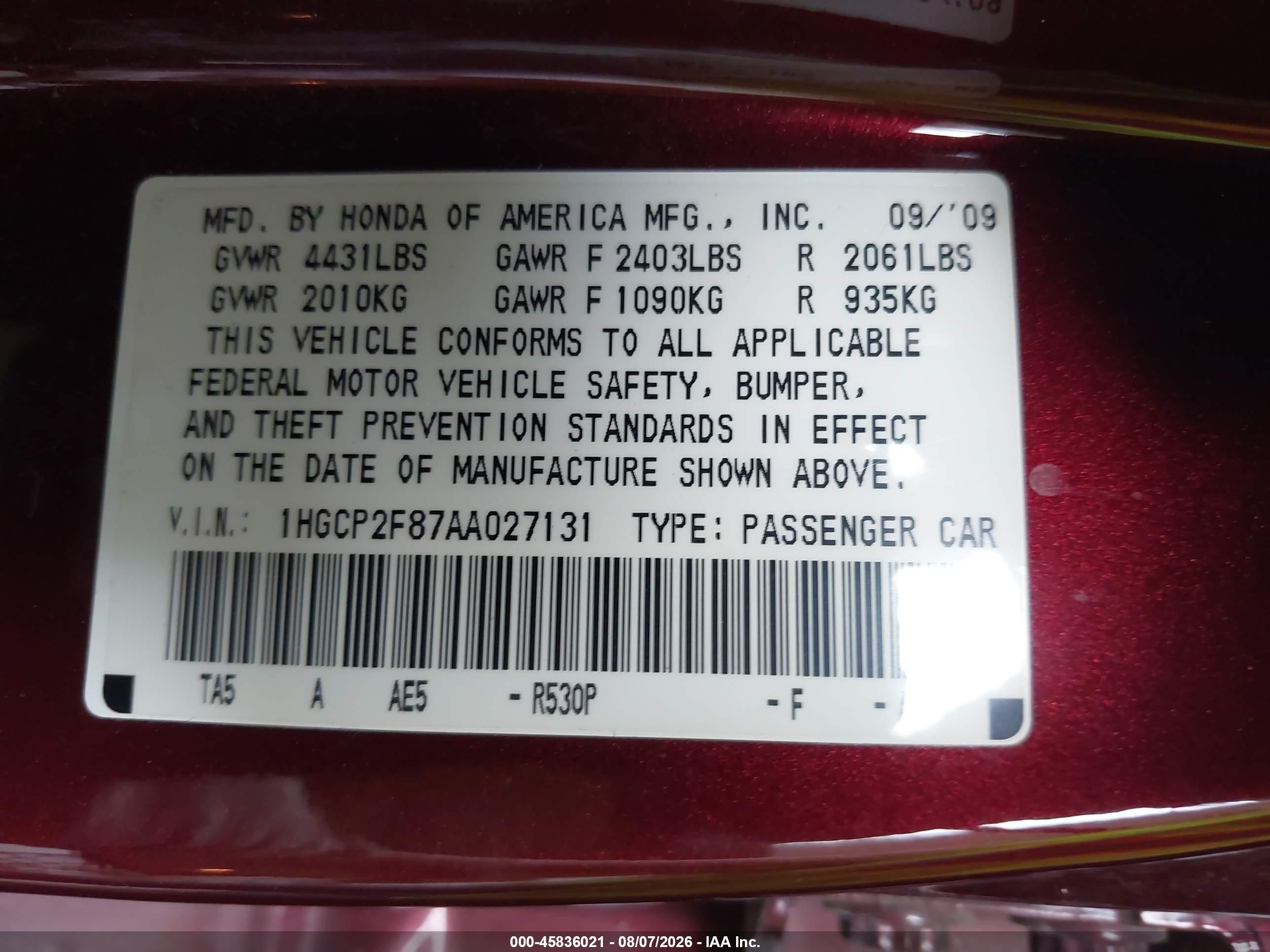 2010 Honda Accord 2.4 Ex-l Red vin: 1HGCP2F87AA027131