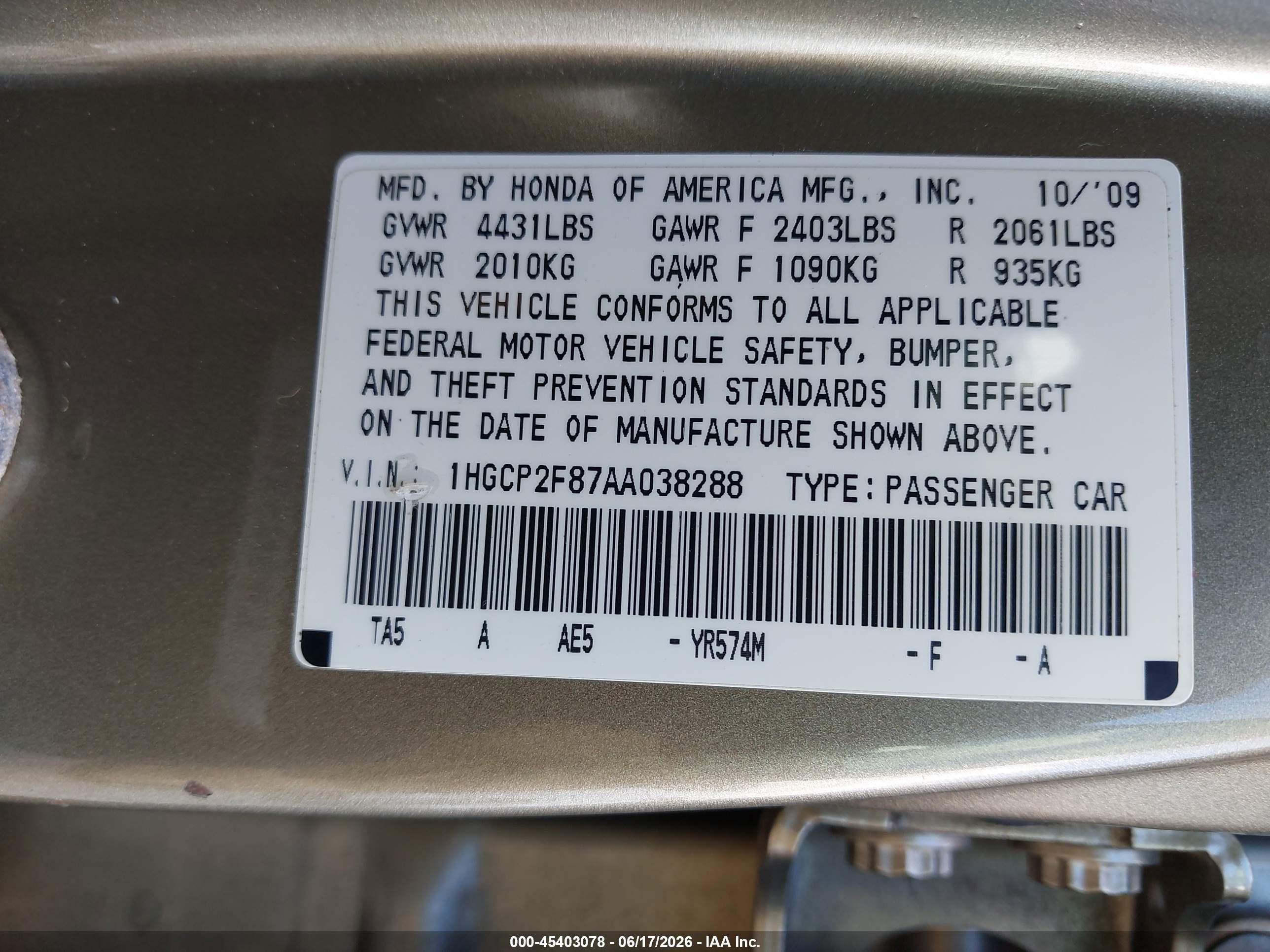 2010 Honda Accord 2.4 Ex-l Tan vin: 1HGCP2F87AA038288