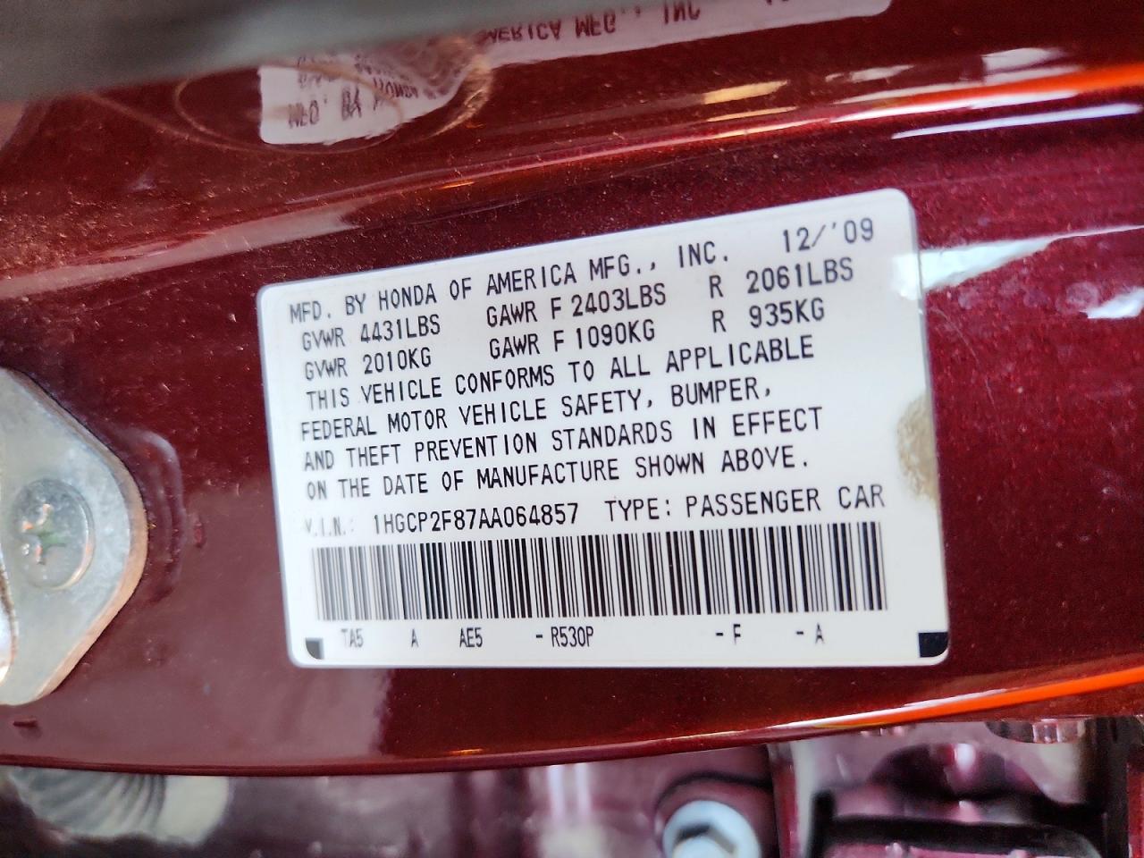 2010 Honda Accord Exl Burgundy vin: 1HGCP2F87AA064857