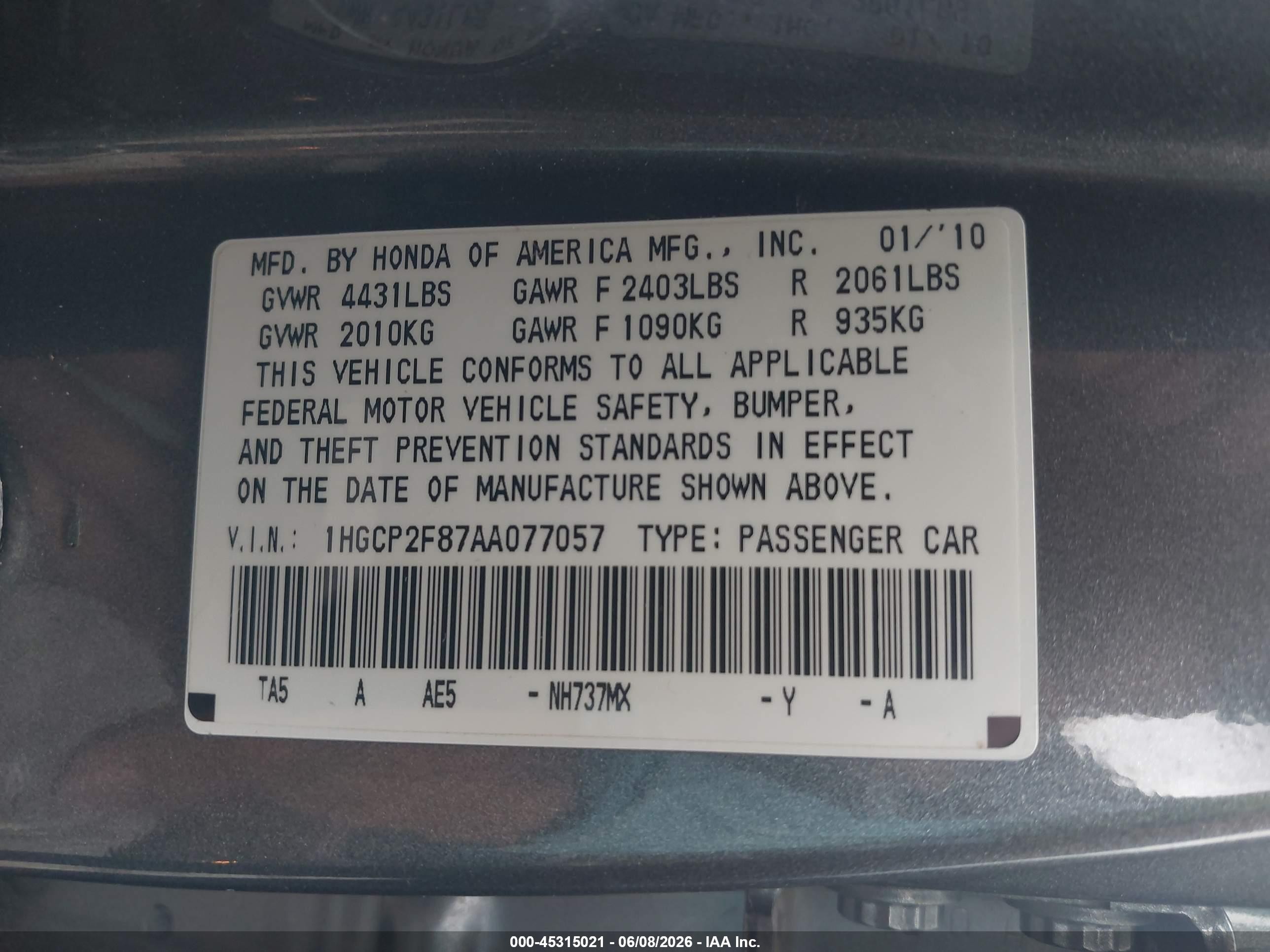 2010 Honda Accord 2.4 Ex-l Серый vin: 1HGCP2F87AA077057