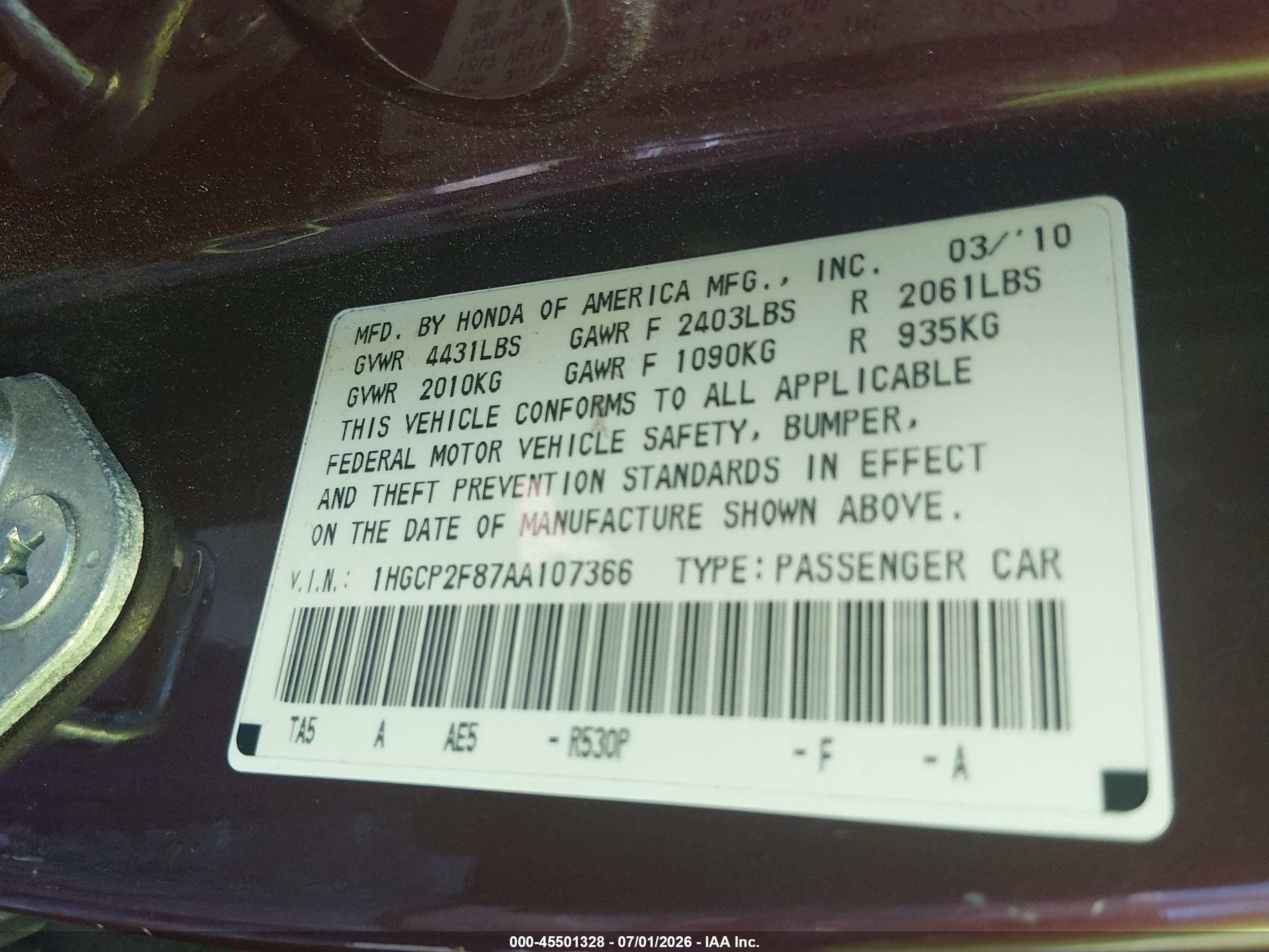 2010 Honda Accord 2.4 Ex-l Burgundy vin: 1HGCP2F87AA107366