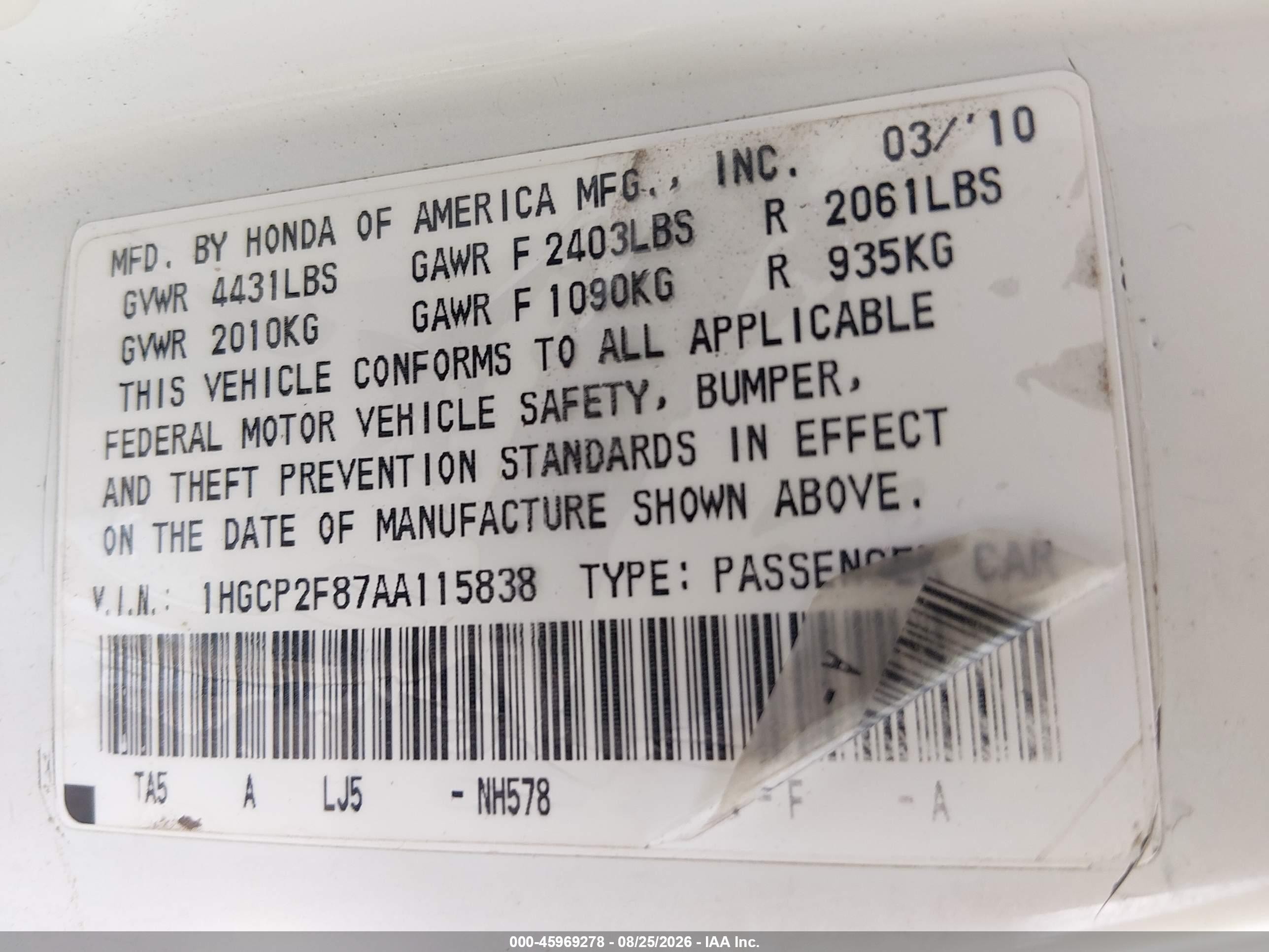 2010 Honda Accord 2.4 Ex-l White vin: 1HGCP2F87AA115838