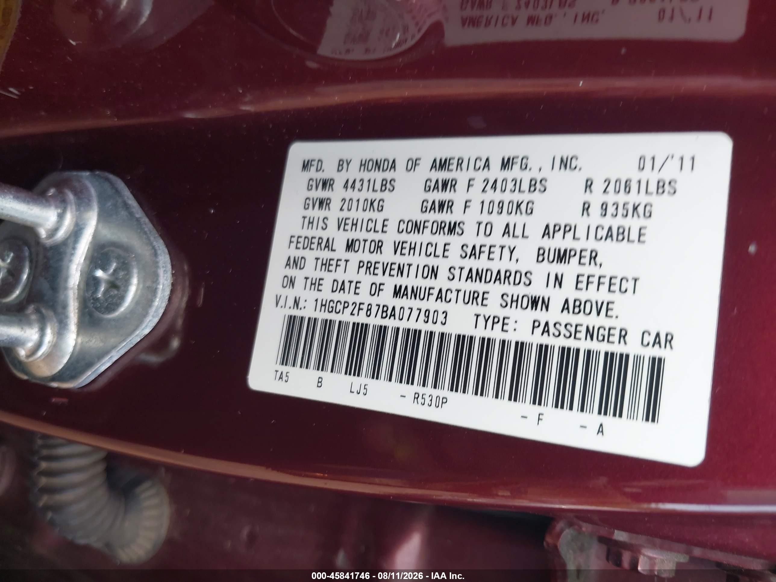 2011 Honda Accord 2.4 Ex-l Burgundy vin: 1HGCP2F87BA077903