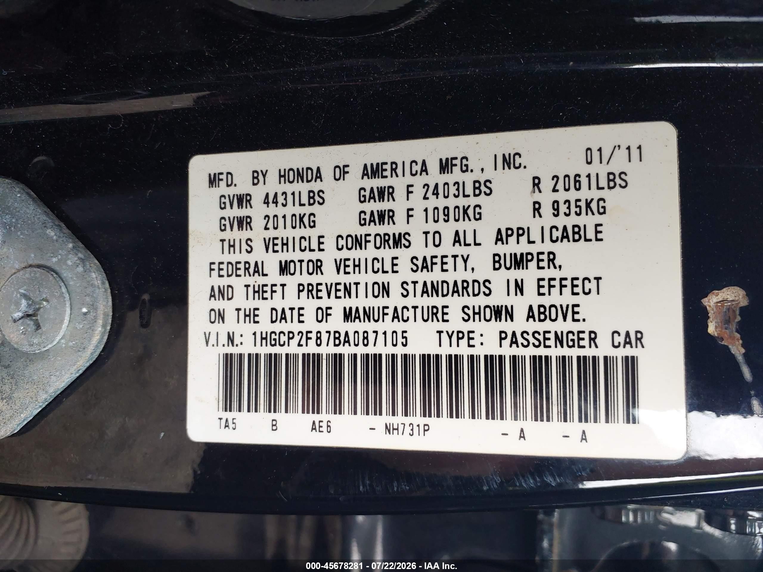 2011 Honda Accord 2.4 Ex-l Black vin: 1HGCP2F87BA087105