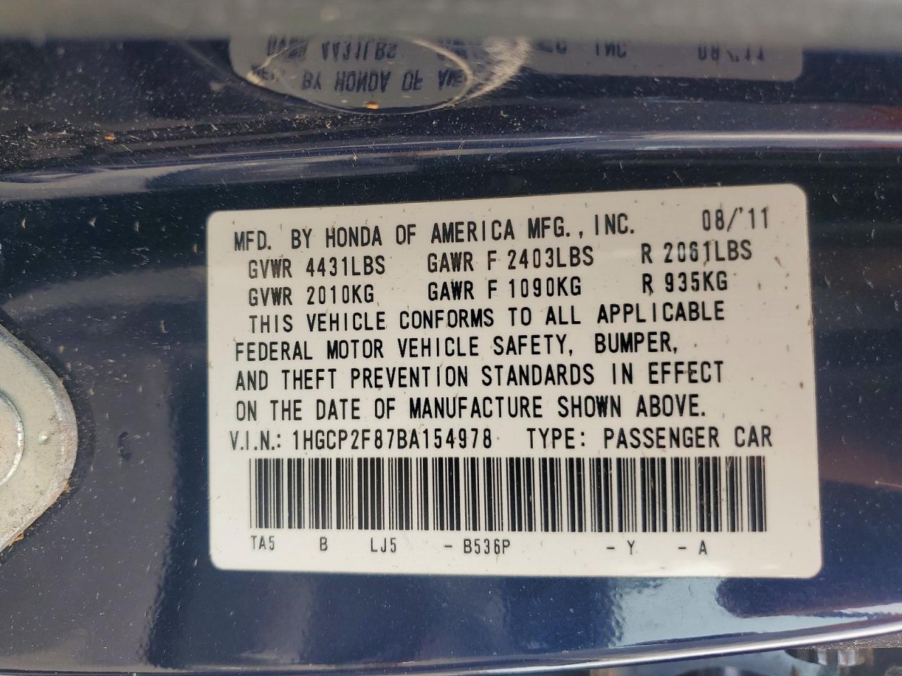 2011 Honda Accord Exl Blue vin: 1HGCP2F87BA154978