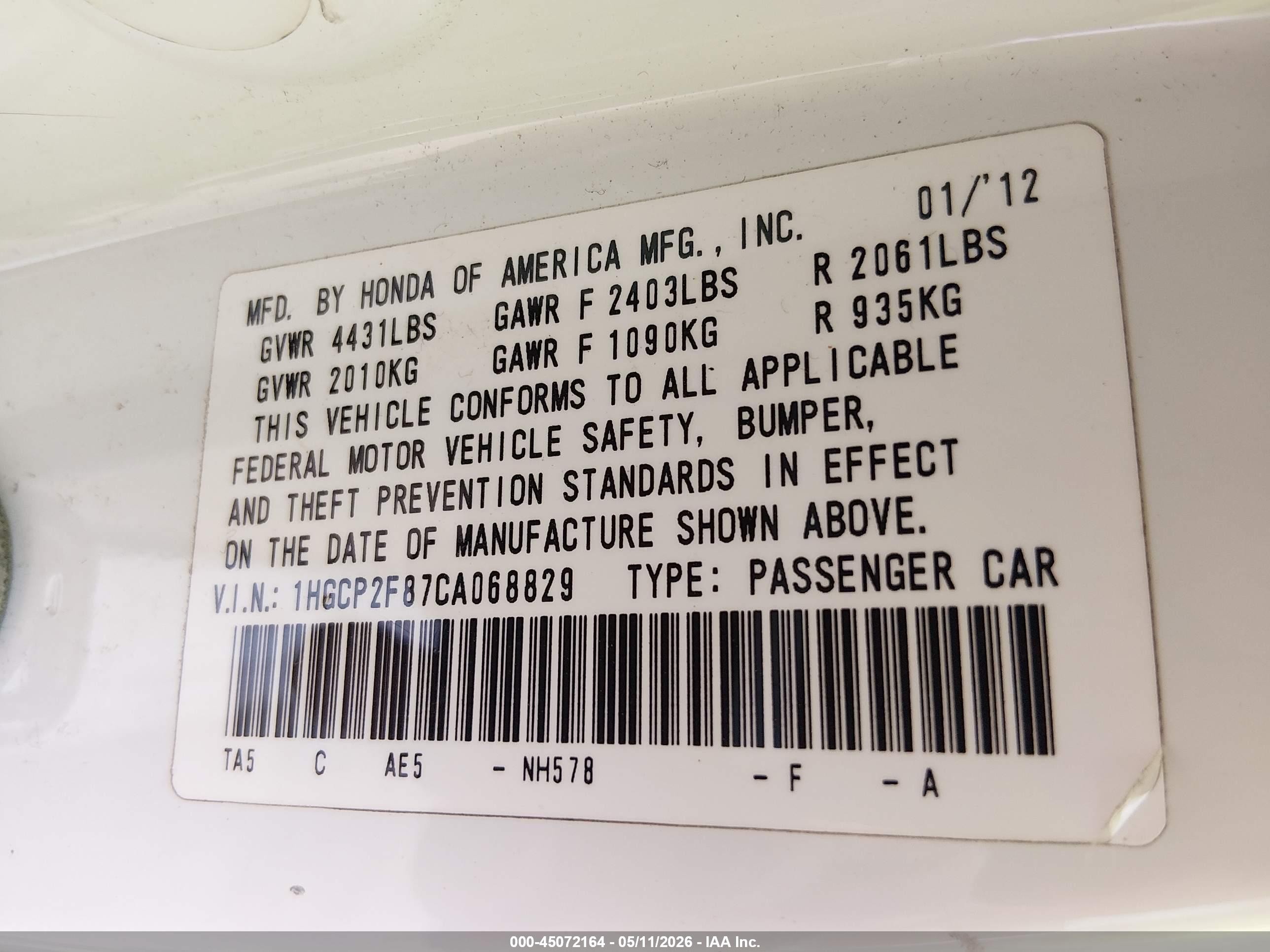 2012 Honda Accord 2.4 Ex-l White vin: 1HGCP2F87CA068829