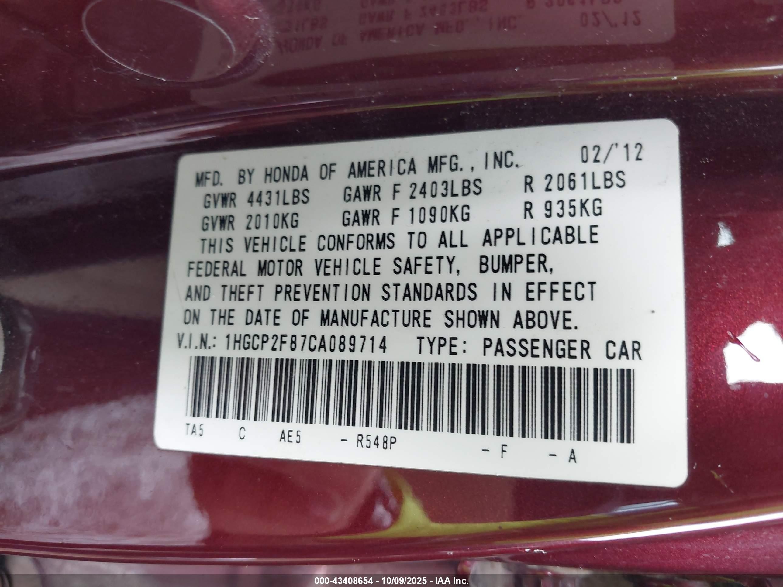 2012 Honda Accord Sdn 2.4 Ex-l/ex-l Maroon vin: 1HGCP2F87CA089714
