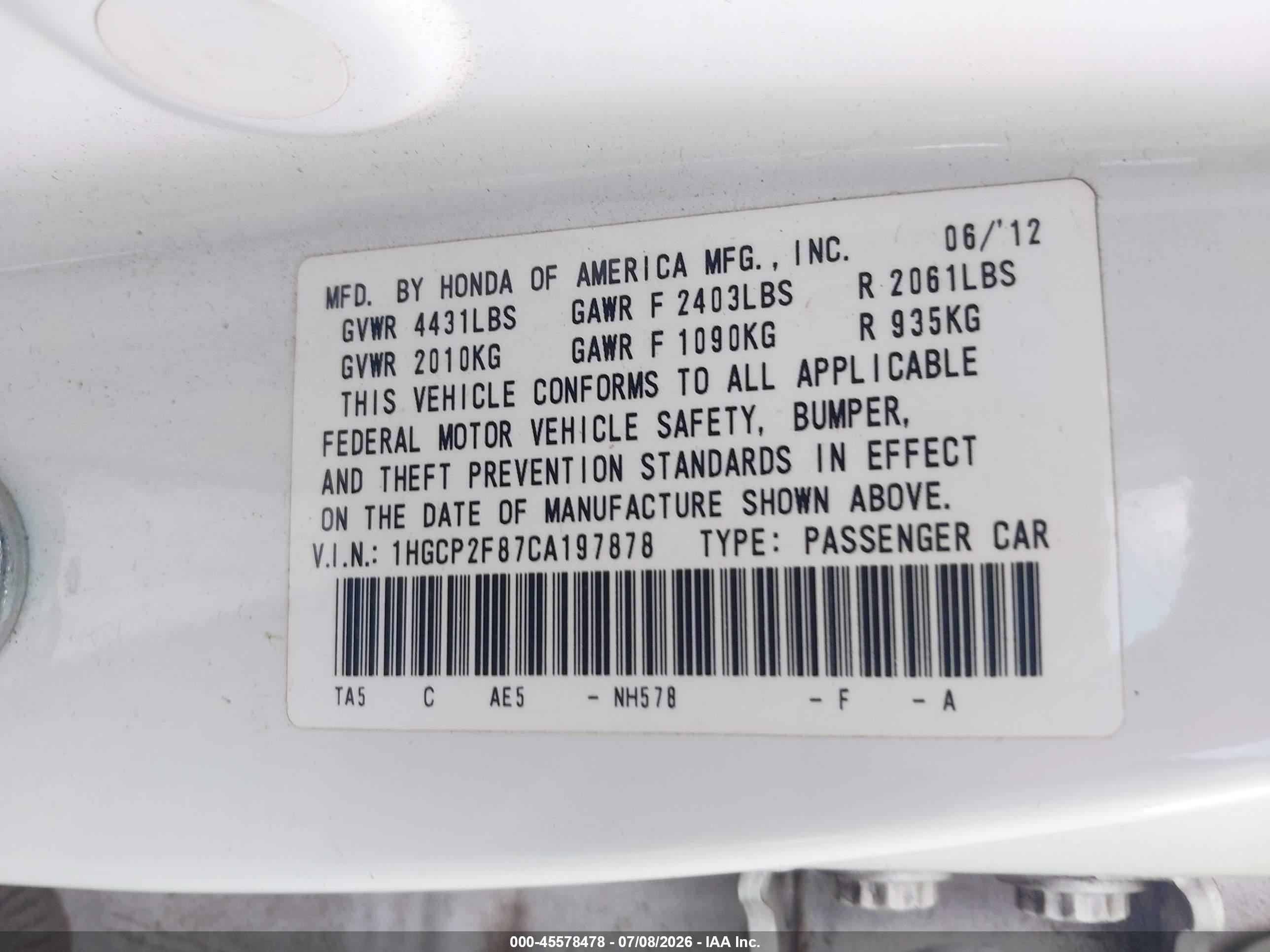 2012 Honda Accord 2.4 Ex-l Белый vin: 1HGCP2F87CA197878