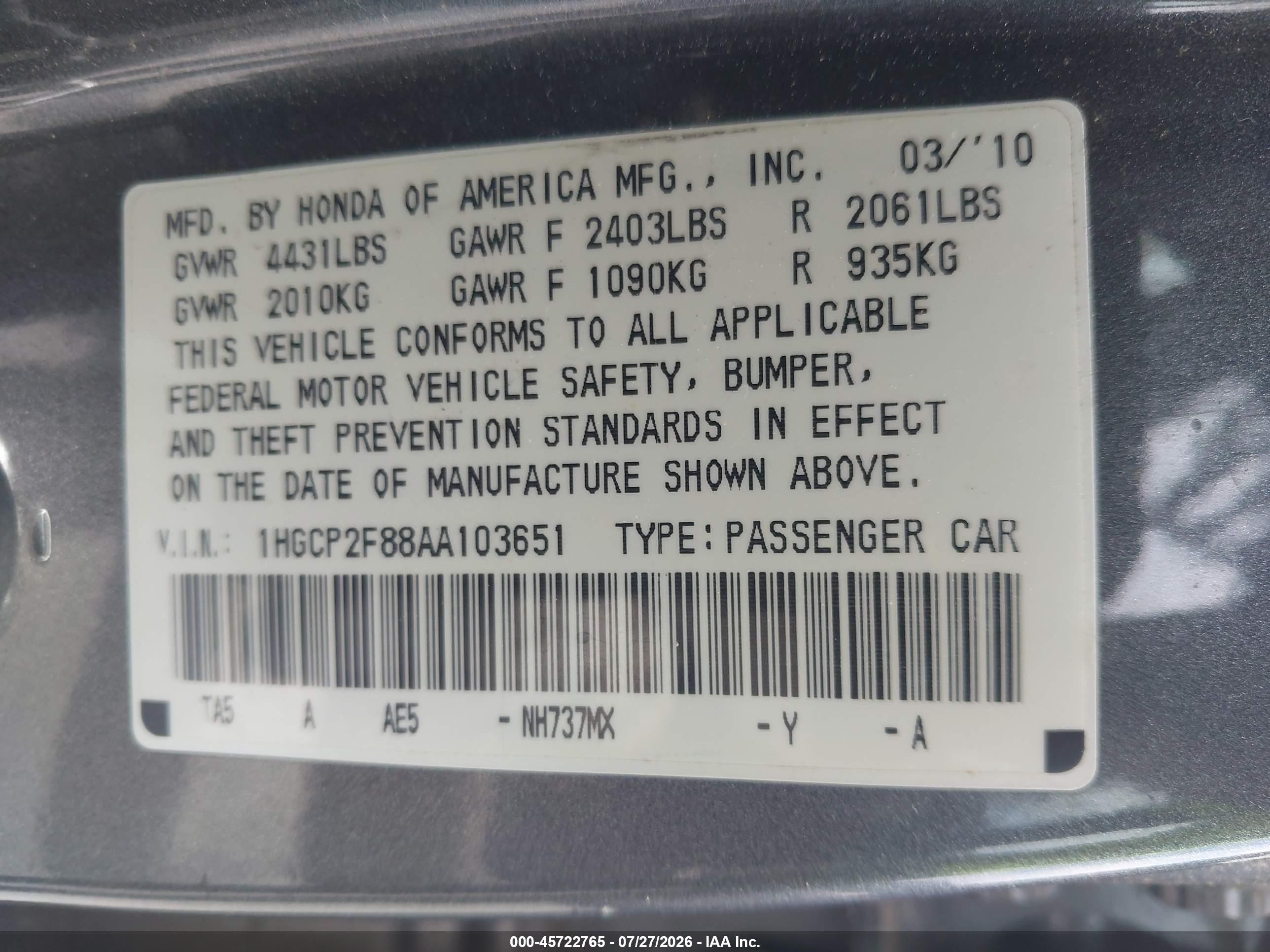 2010 Honda Accord 2.4 Ex-l Gray vin: 1HGCP2F88AA103651