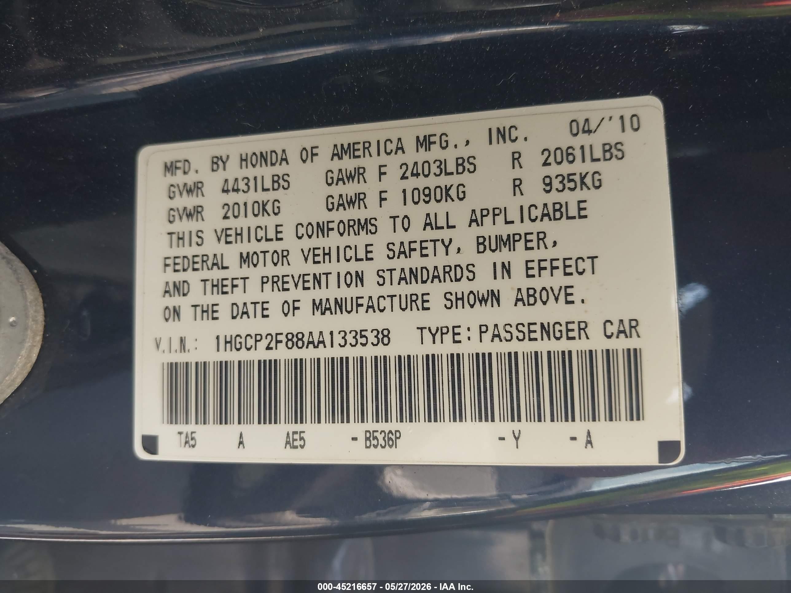 2010 Honda Accord 2.4 Ex-l Blue vin: 1HGCP2F88AA133538
