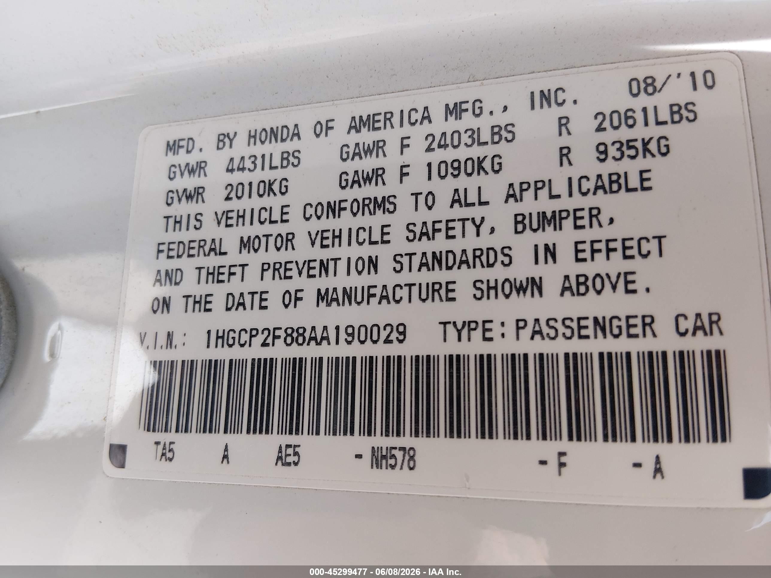 2010 Honda Accord 2.4 Ex-l White vin: 1HGCP2F88AA190029