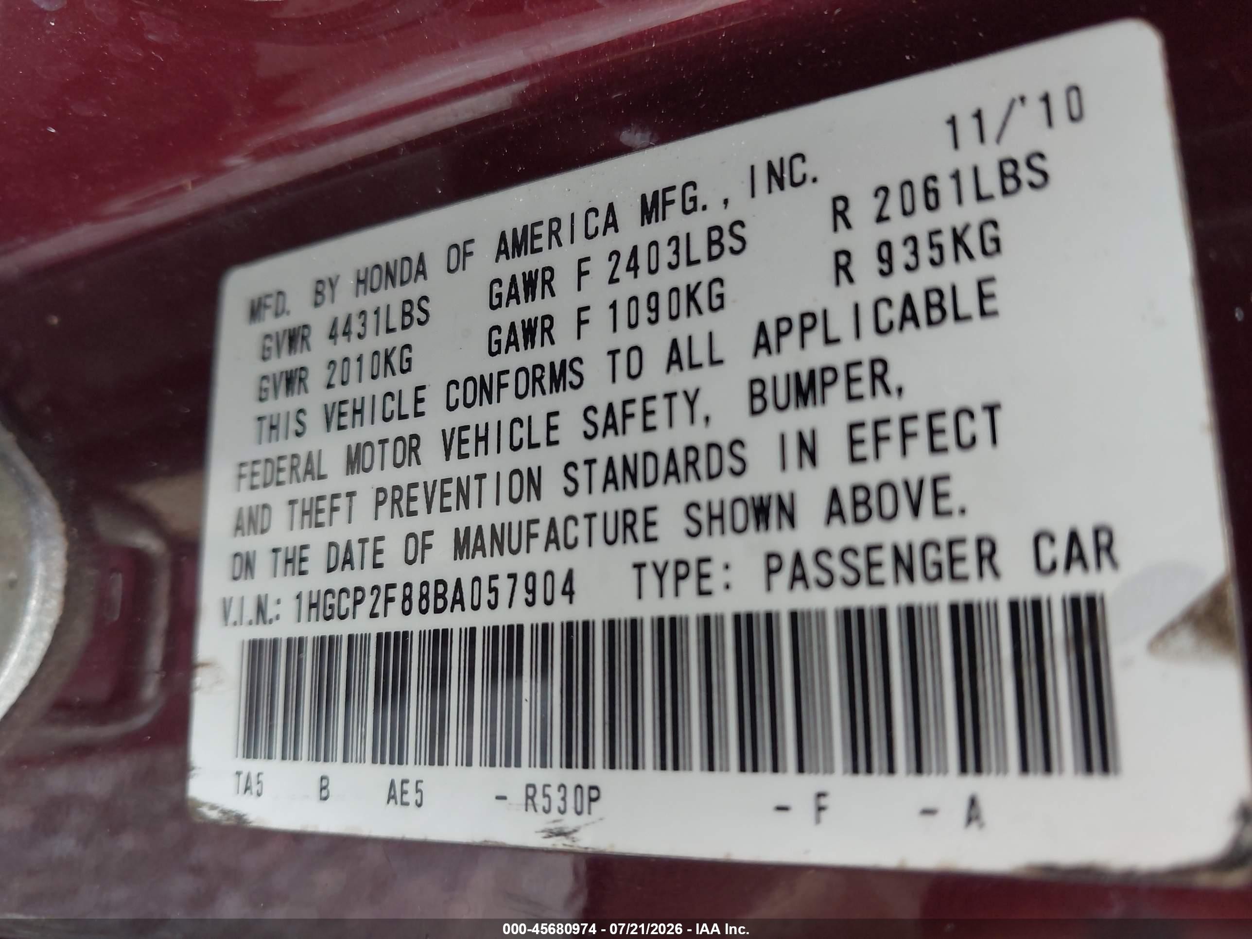 2011 Honda Accord 2.4 Ex-l Burgundy vin: 1HGCP2F88BA057904