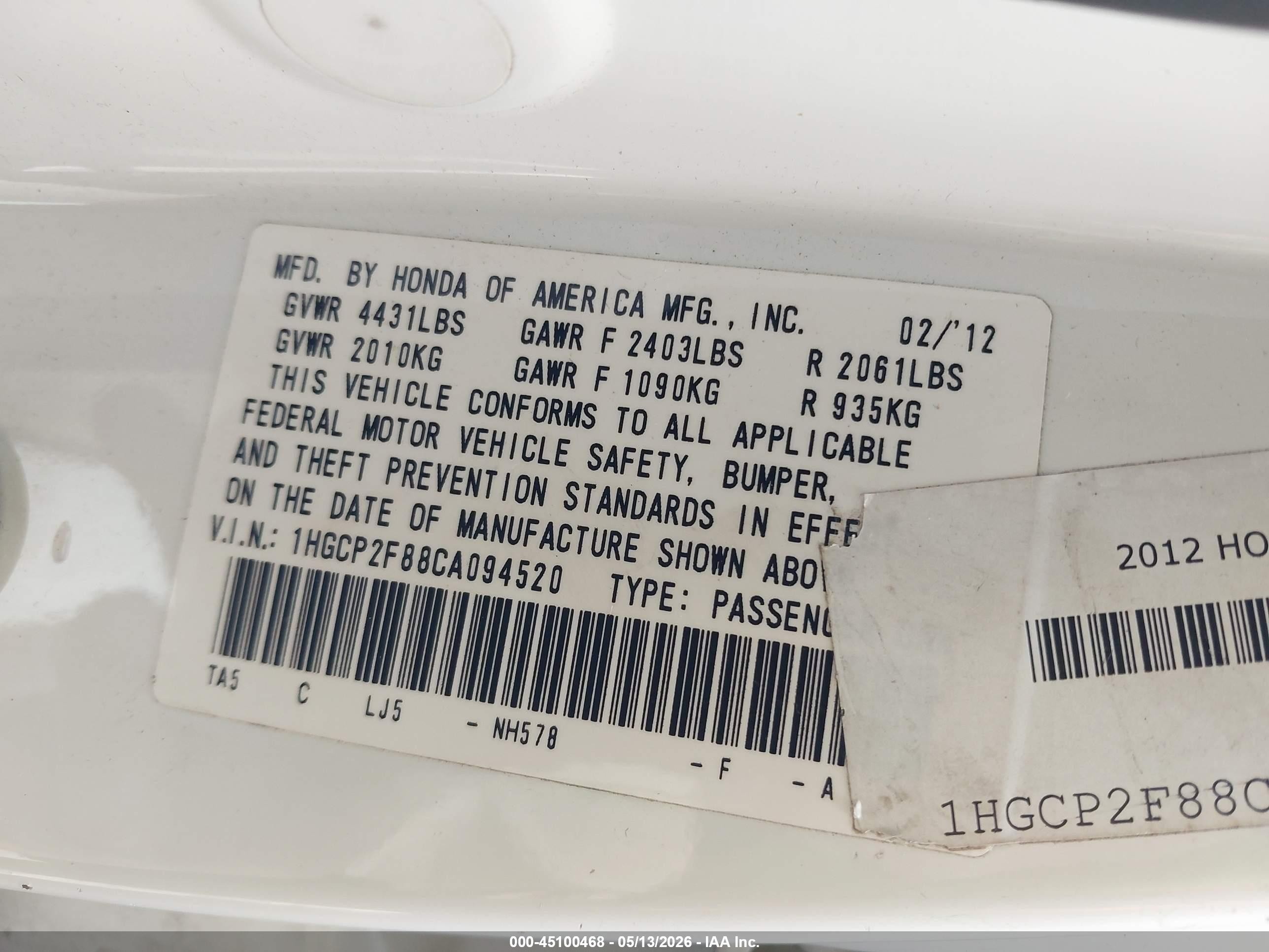 2012 Honda Accord 2.4 Ex-l White vin: 1HGCP2F88CA094520