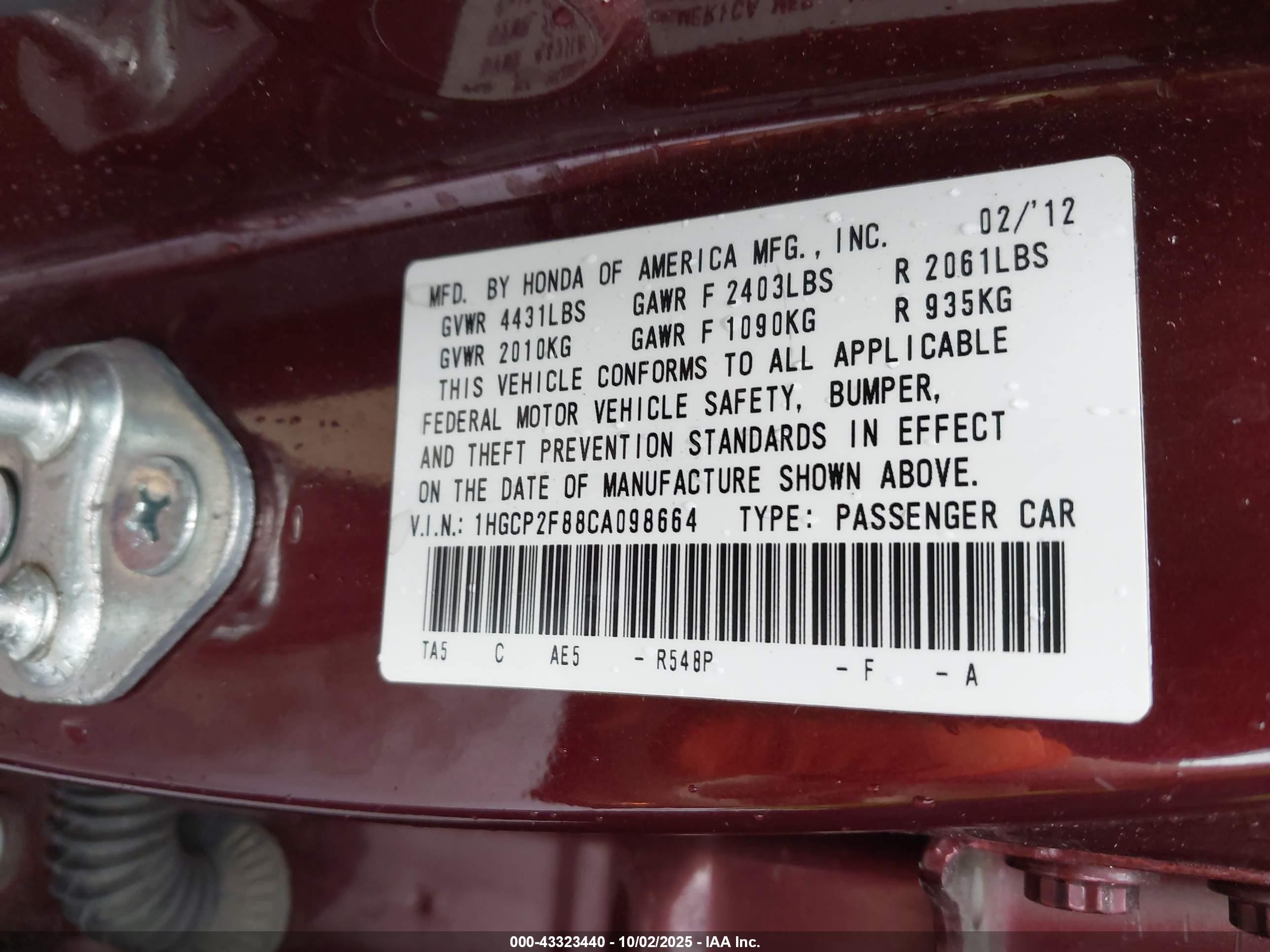 2012 Honda Accord Sdn 2.4 Ex-l/ex-l Burgundy vin: 1HGCP2F88CA098664