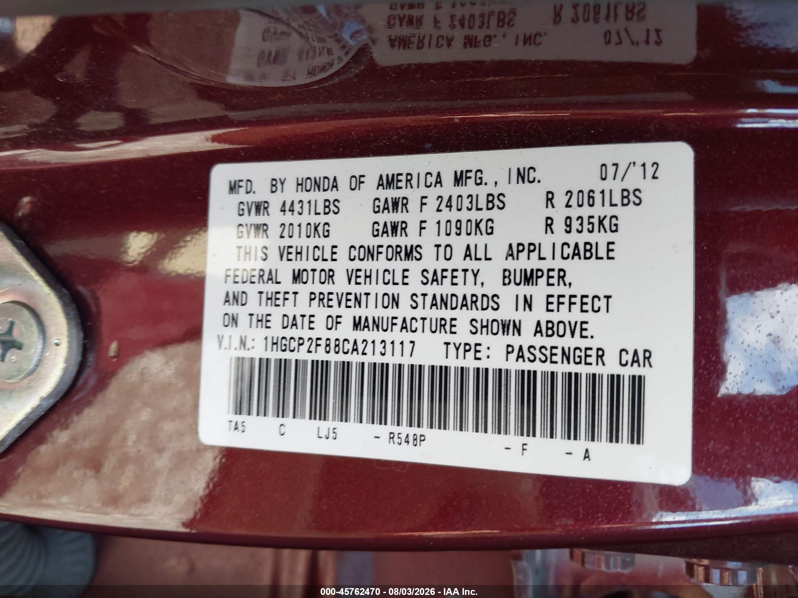 2012 Honda Accord 2.4 Ex-l Burgundy vin: 1HGCP2F88CA213117