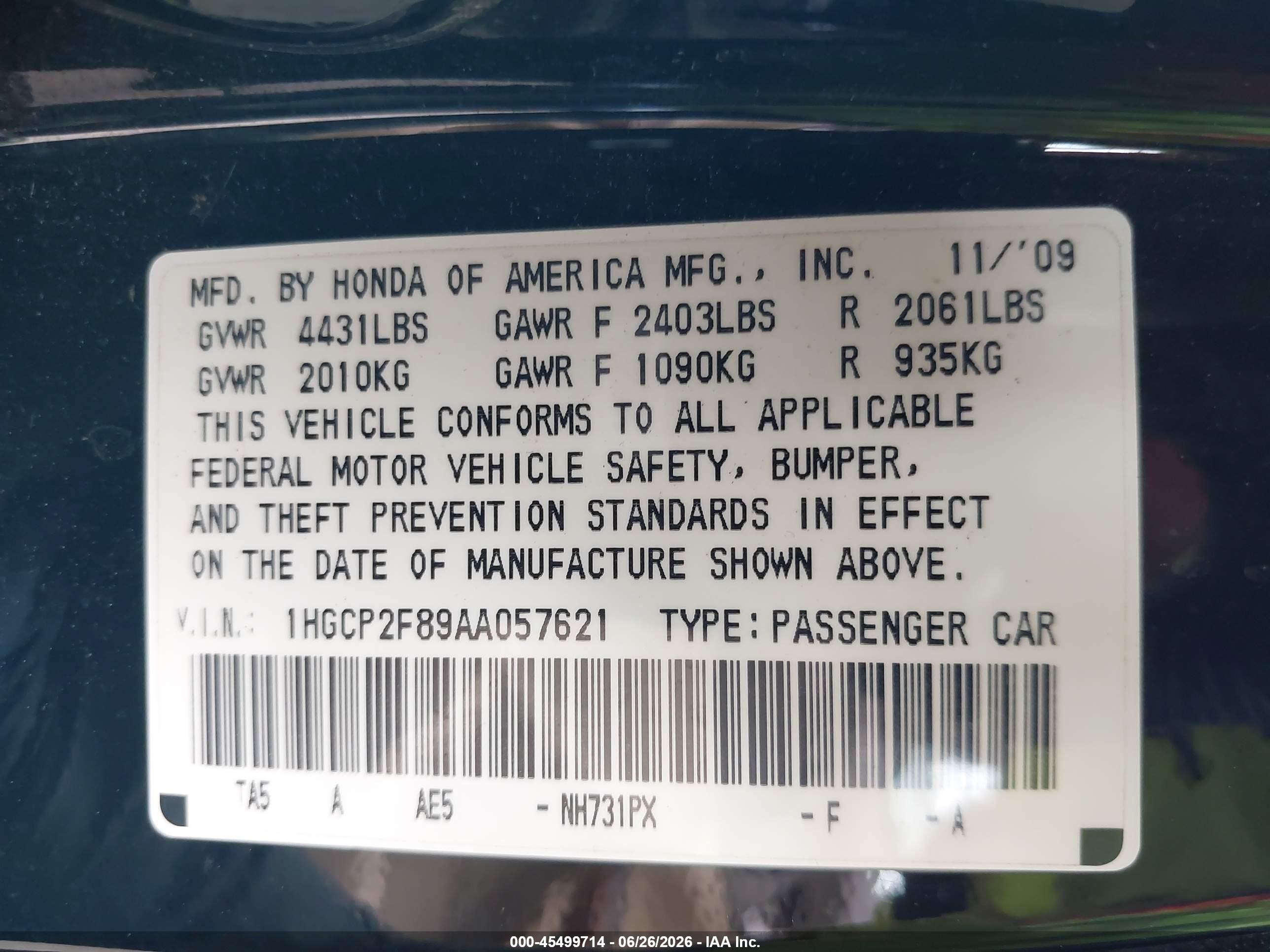 2010 Honda Accord 2.4 Ex-l Black vin: 1HGCP2F89AA057621