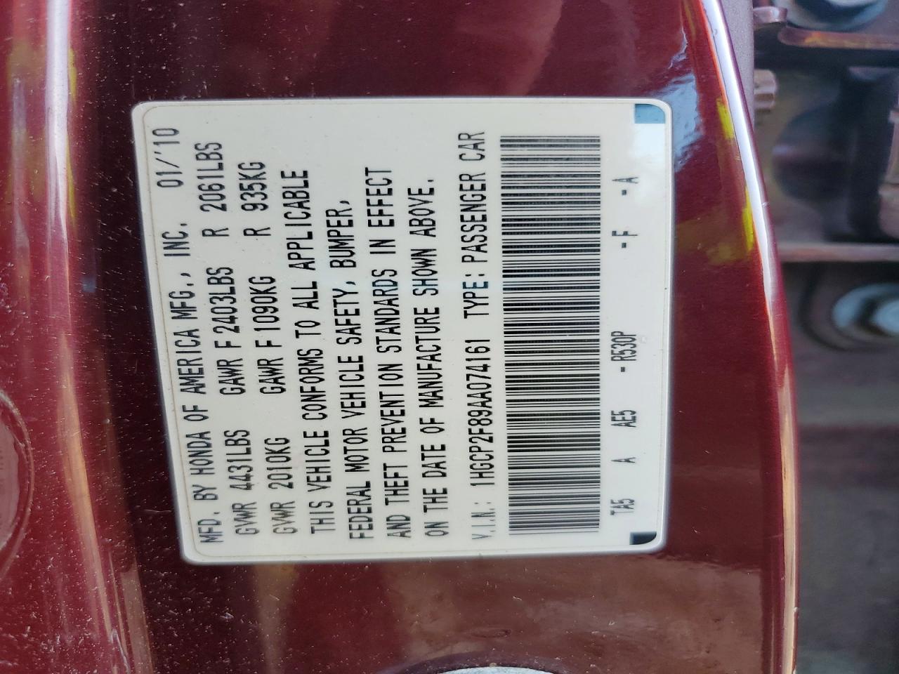 2010 Honda Accord Exl Maroon vin: 1HGCP2F89AA074161