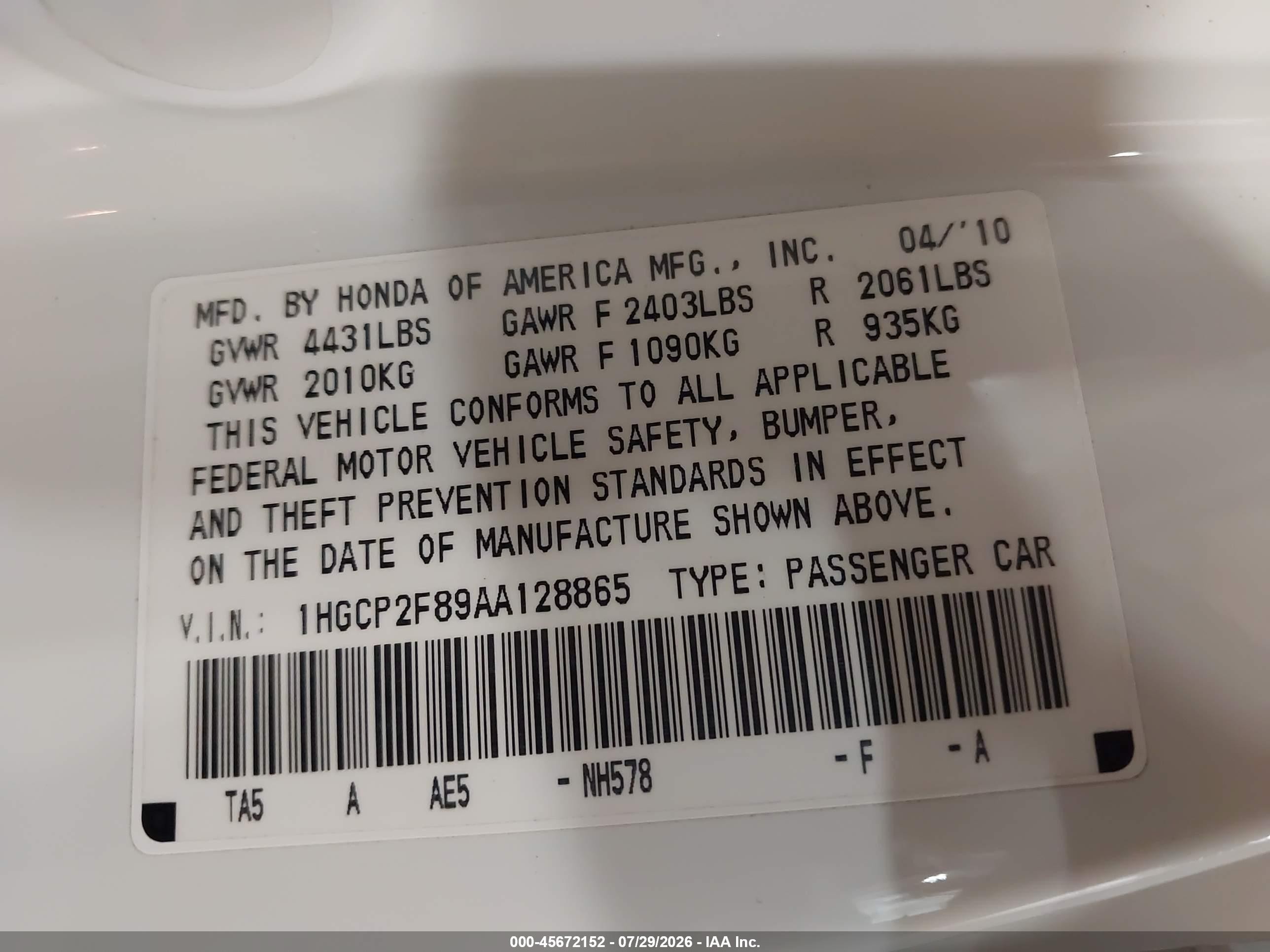 2010 Honda Accord 2.4 Ex-l White vin: 1HGCP2F89AA128865