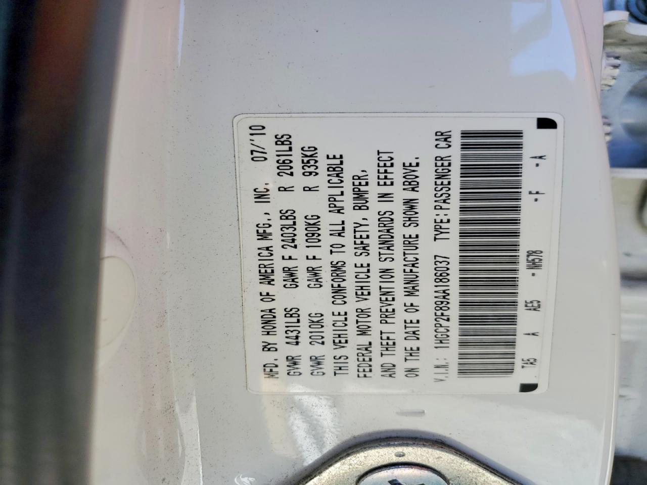 2010 Honda Accord Exl White vin: 1HGCP2F89AA186037
