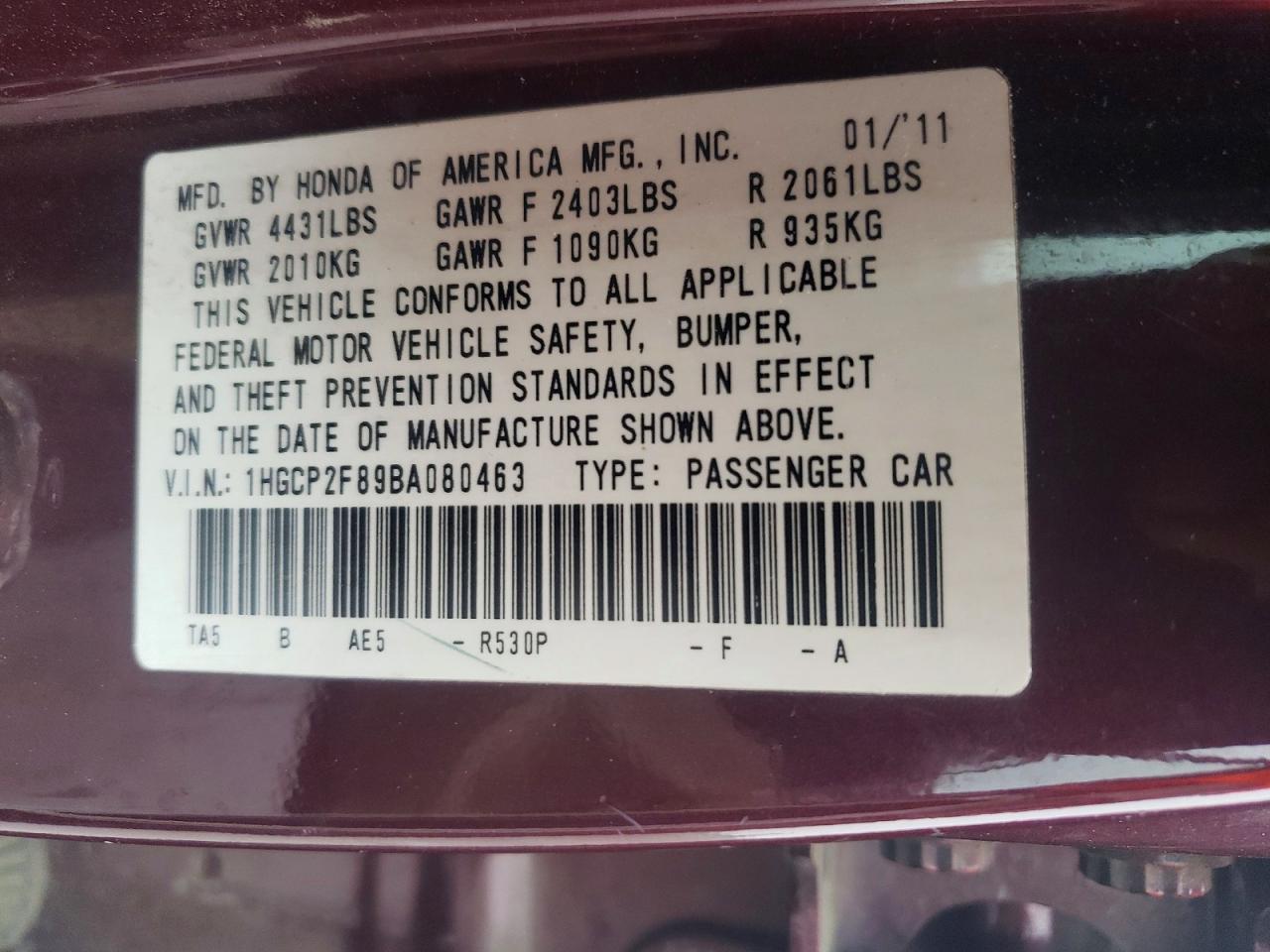 2011 Honda Accord Exl Темно-бордовый vin: 1HGCP2F89BA080463