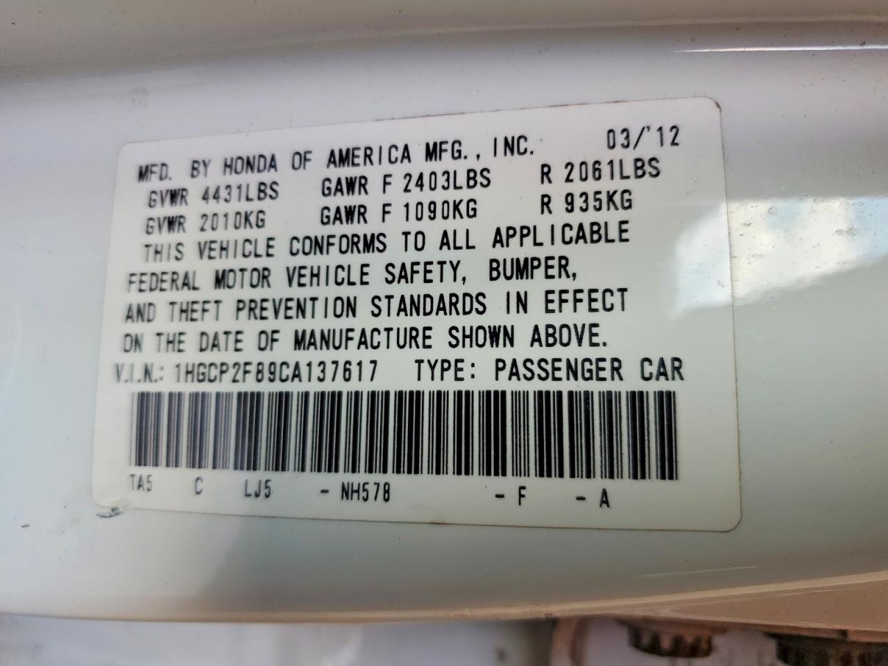 2012 Honda Accord Exl Белый vin: 1HGCP2F89CA137617