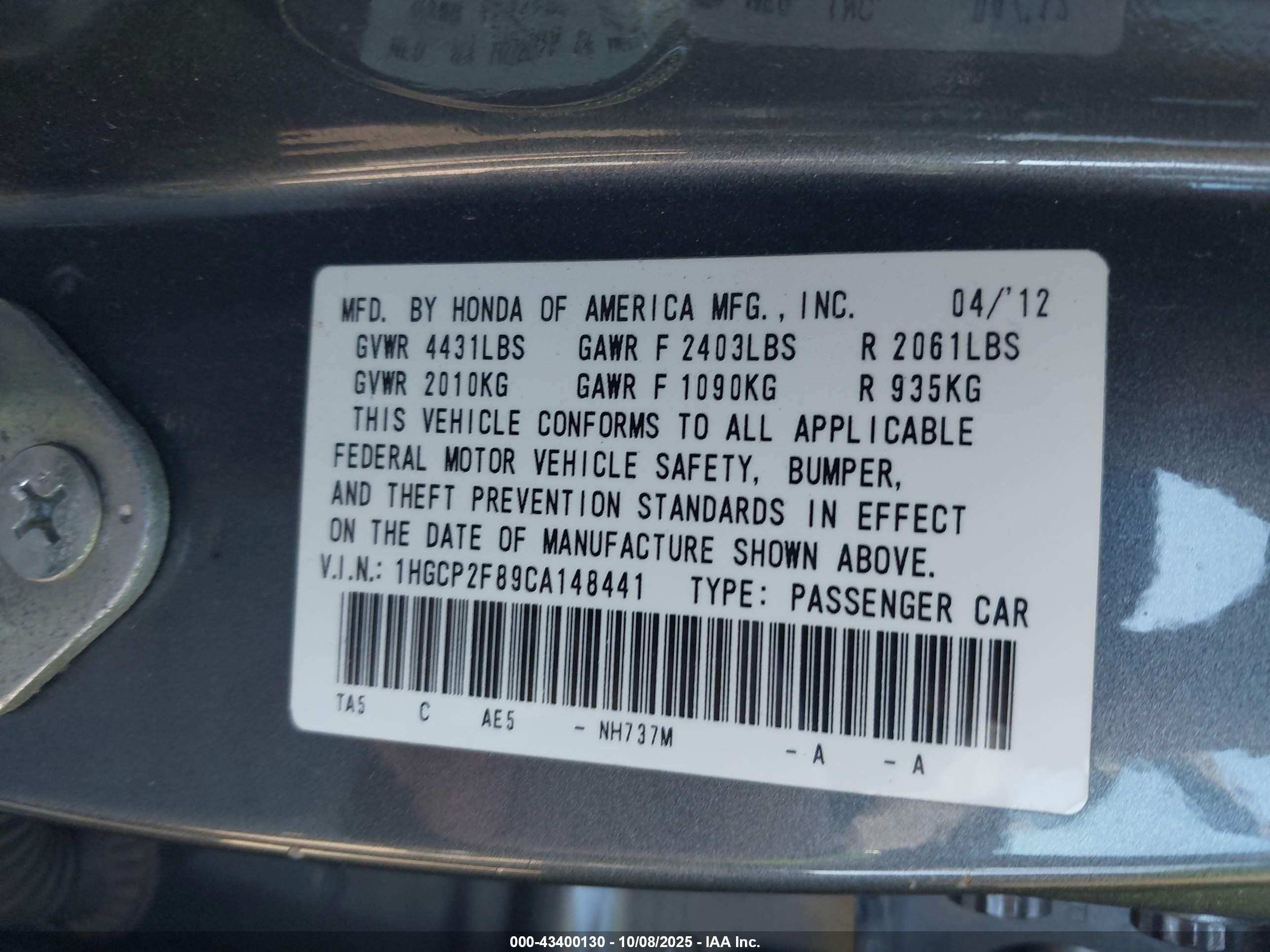 2012 Honda Accord Sdn 2.4 Ex-l/ex-l Gray vin: 1HGCP2F89CA148441