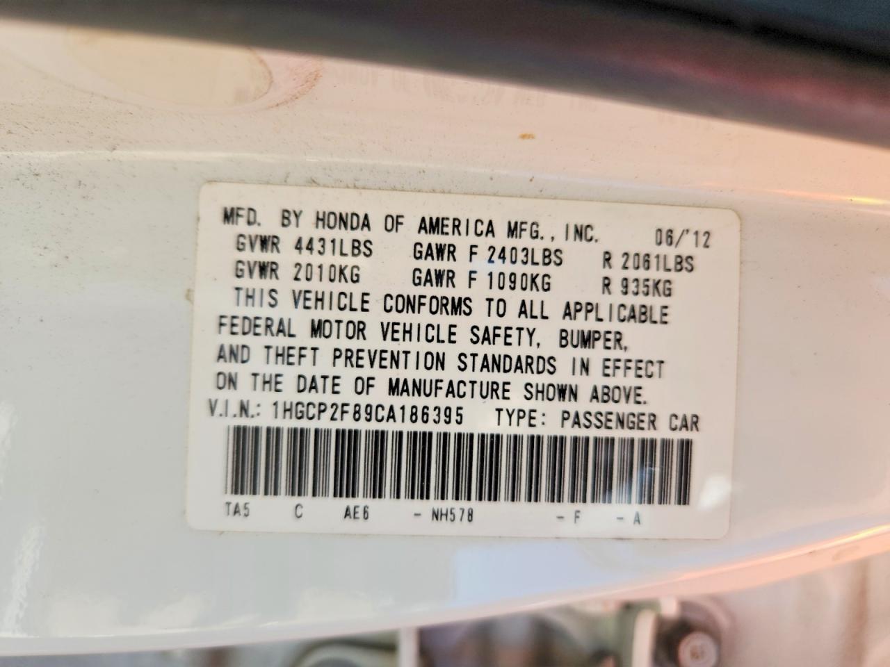 2012 Honda Accord Exl White vin: 1HGCP2F89CA186395