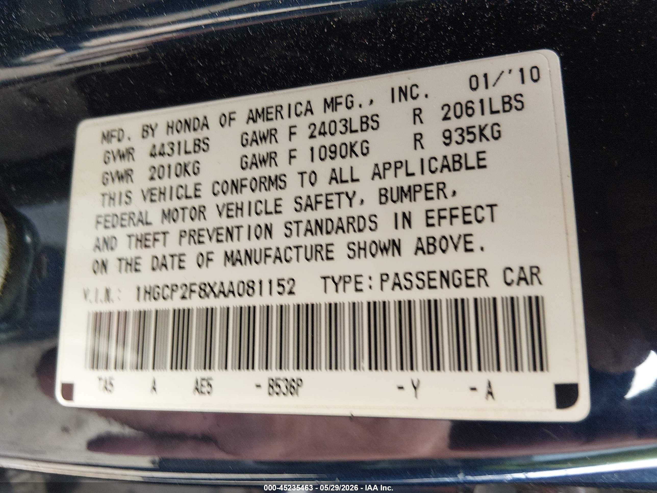 2010 Honda Accord 2.4 Ex-l Blue vin: 1HGCP2F8XAA081152