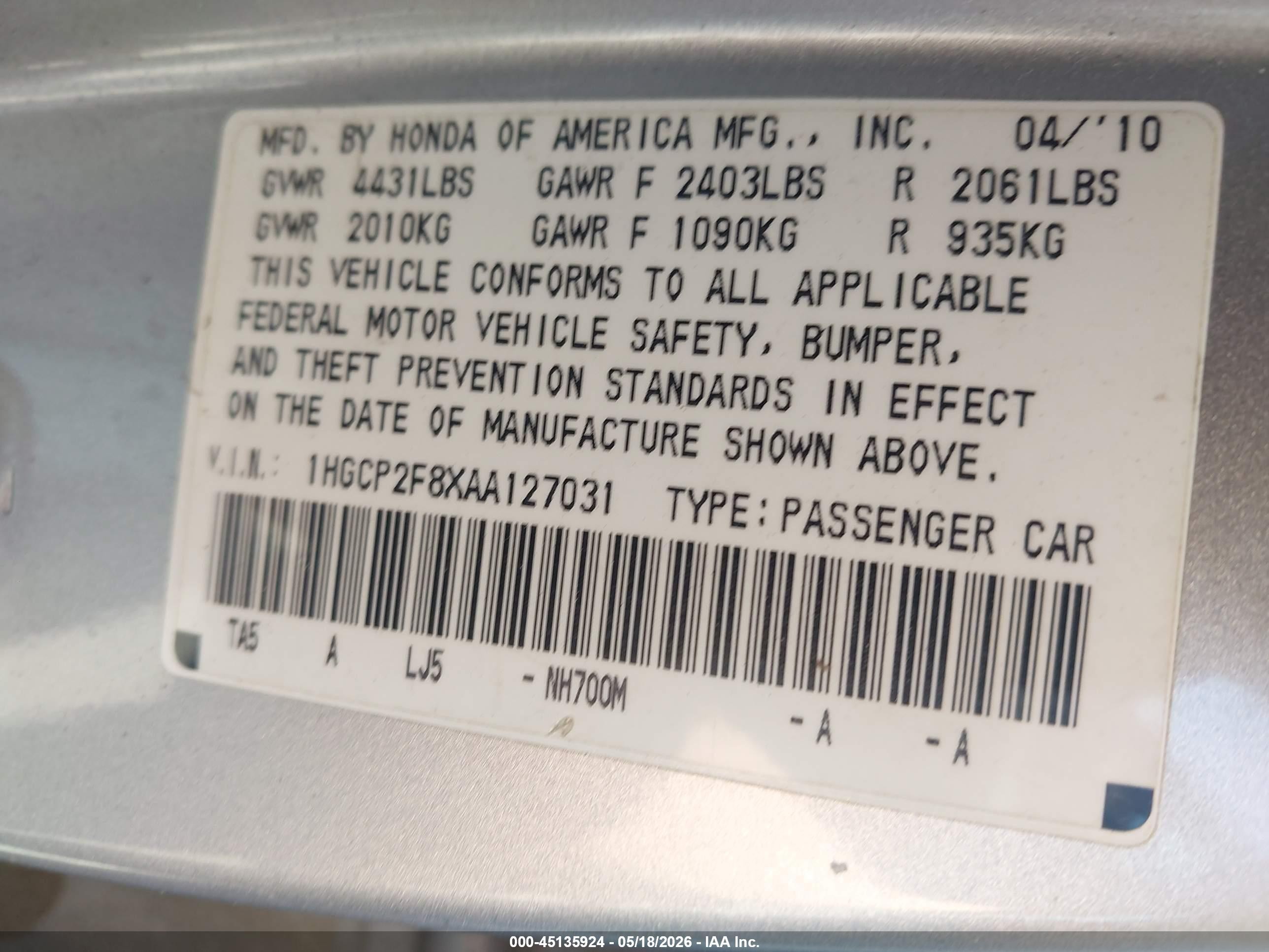 2010 Honda Accord 2.4 Ex-l Silver vin: 1HGCP2F8XAA127031