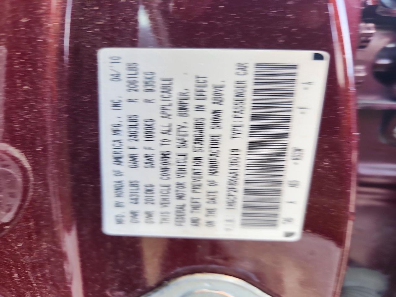 2010 Honda Accord Exl Burgundy vin: 1HGCP2F8XAA136019