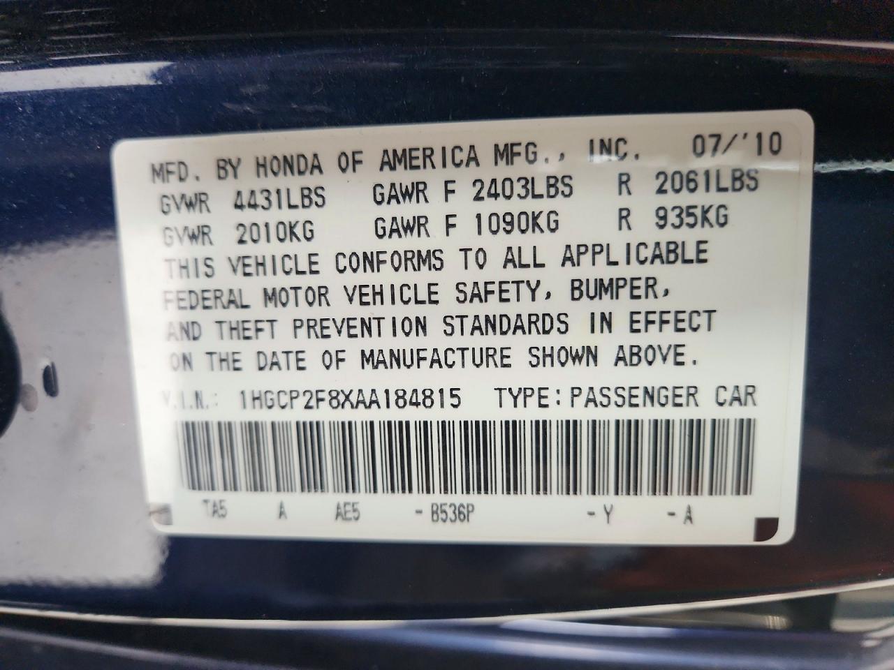 2010 Honda Accord Exl Blue vin: 1HGCP2F8XAA184815