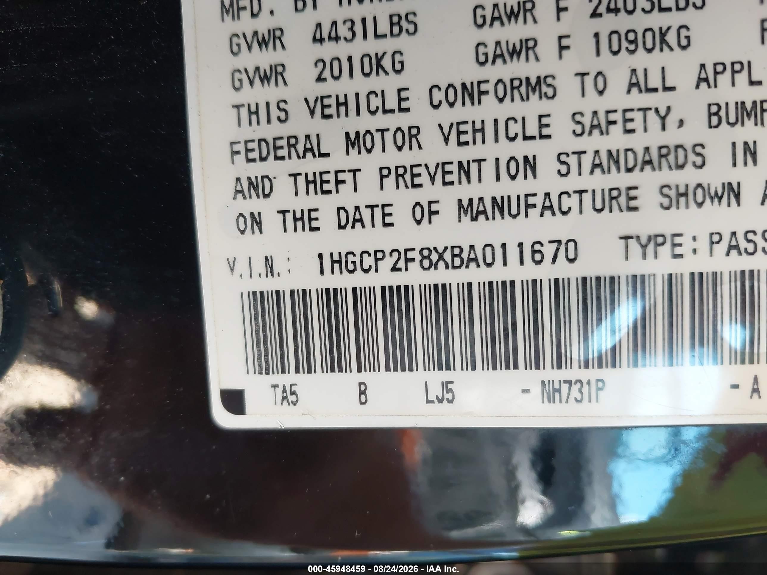2011 Honda Accord 2.4 Ex-l Black vin: 1HGCP2F8XBA011670