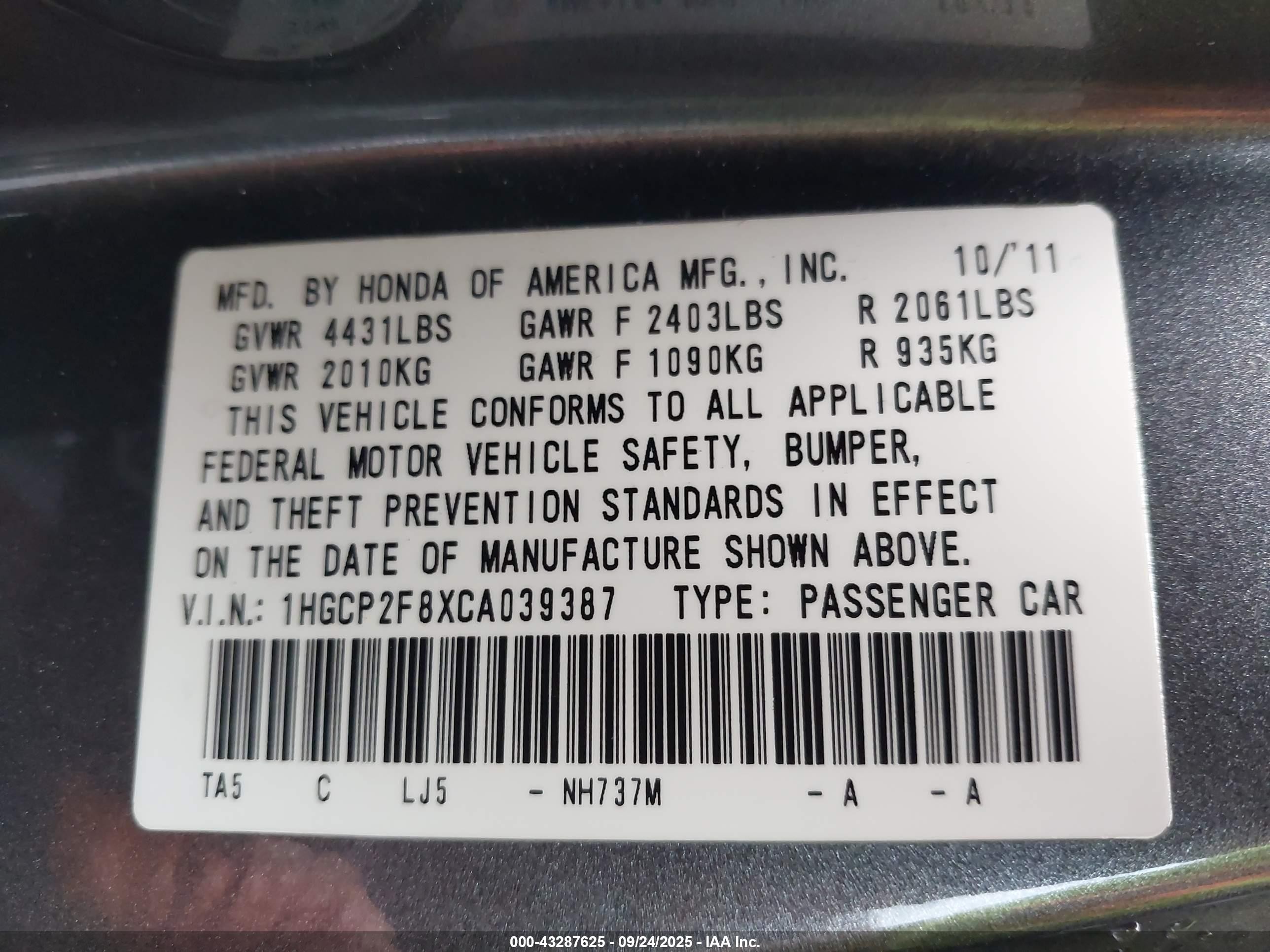 2012 Honda Accord Sdn 2.4 Ex-l/ex-l Gray vin: 1HGCP2F8XCA039387