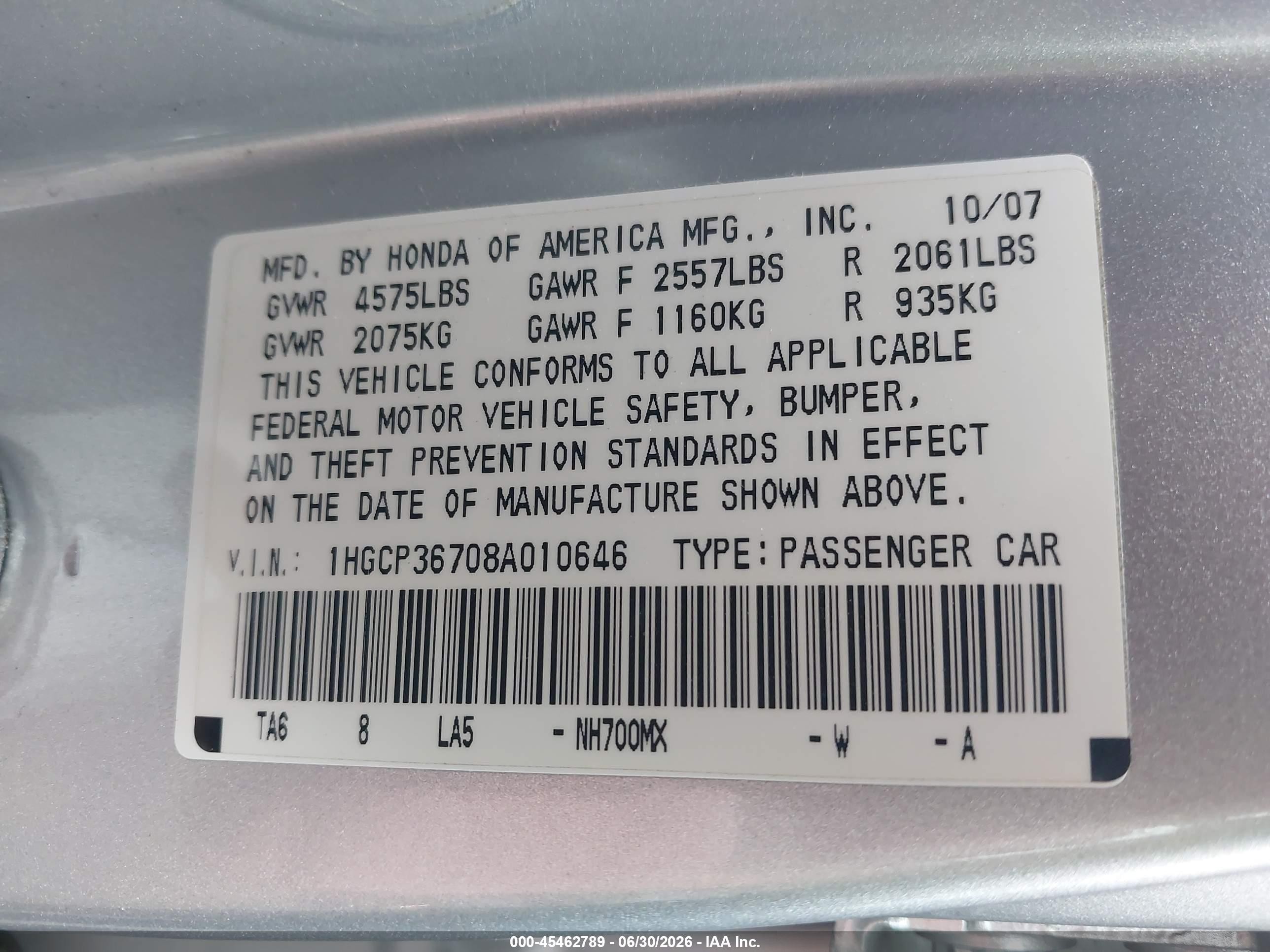 2008 Honda Accord 3.5 Ex Silver vin: 1HGCP36708A010646