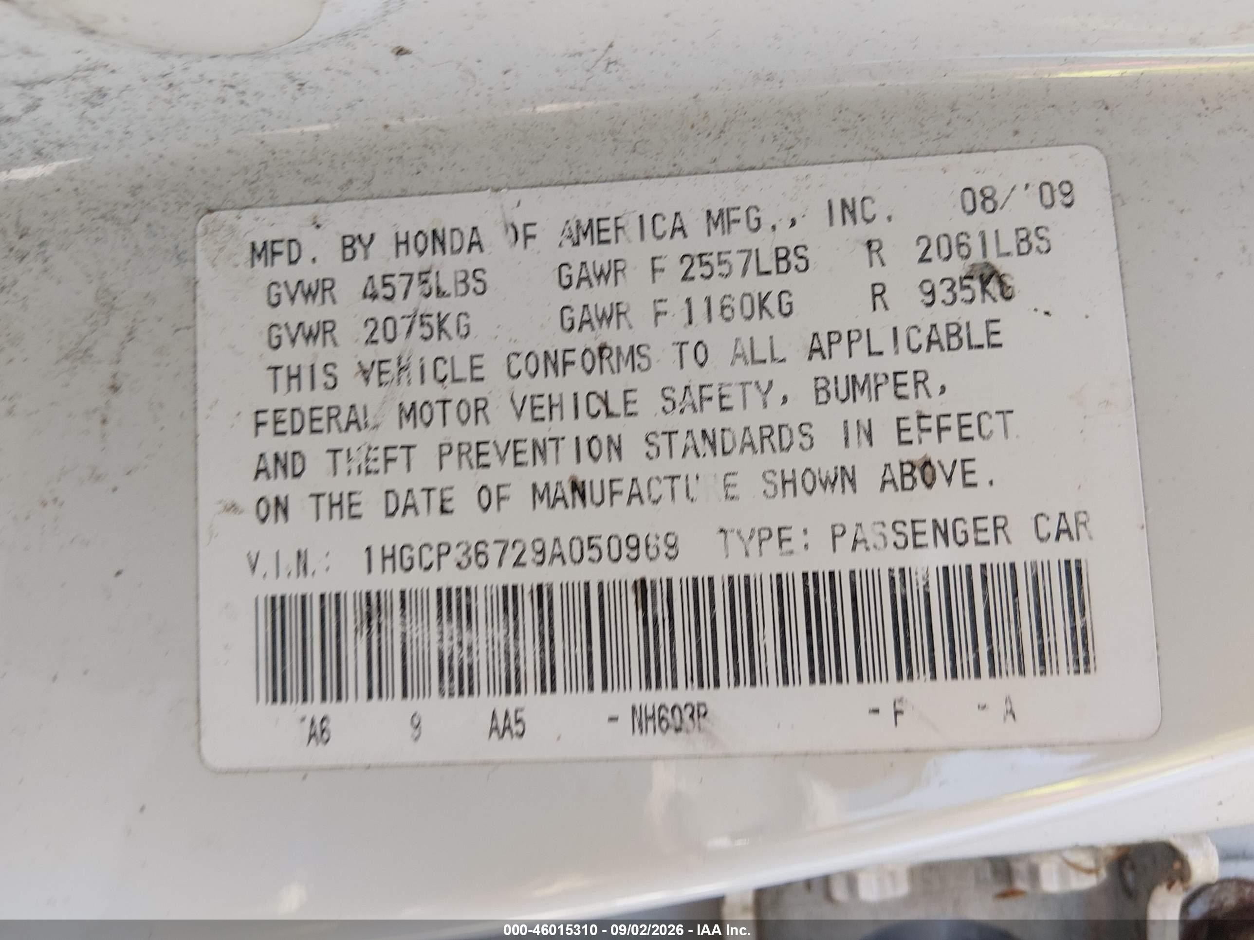 2009 Honda Accord 3.5 Ex White vin: 1HGCP36729A050969